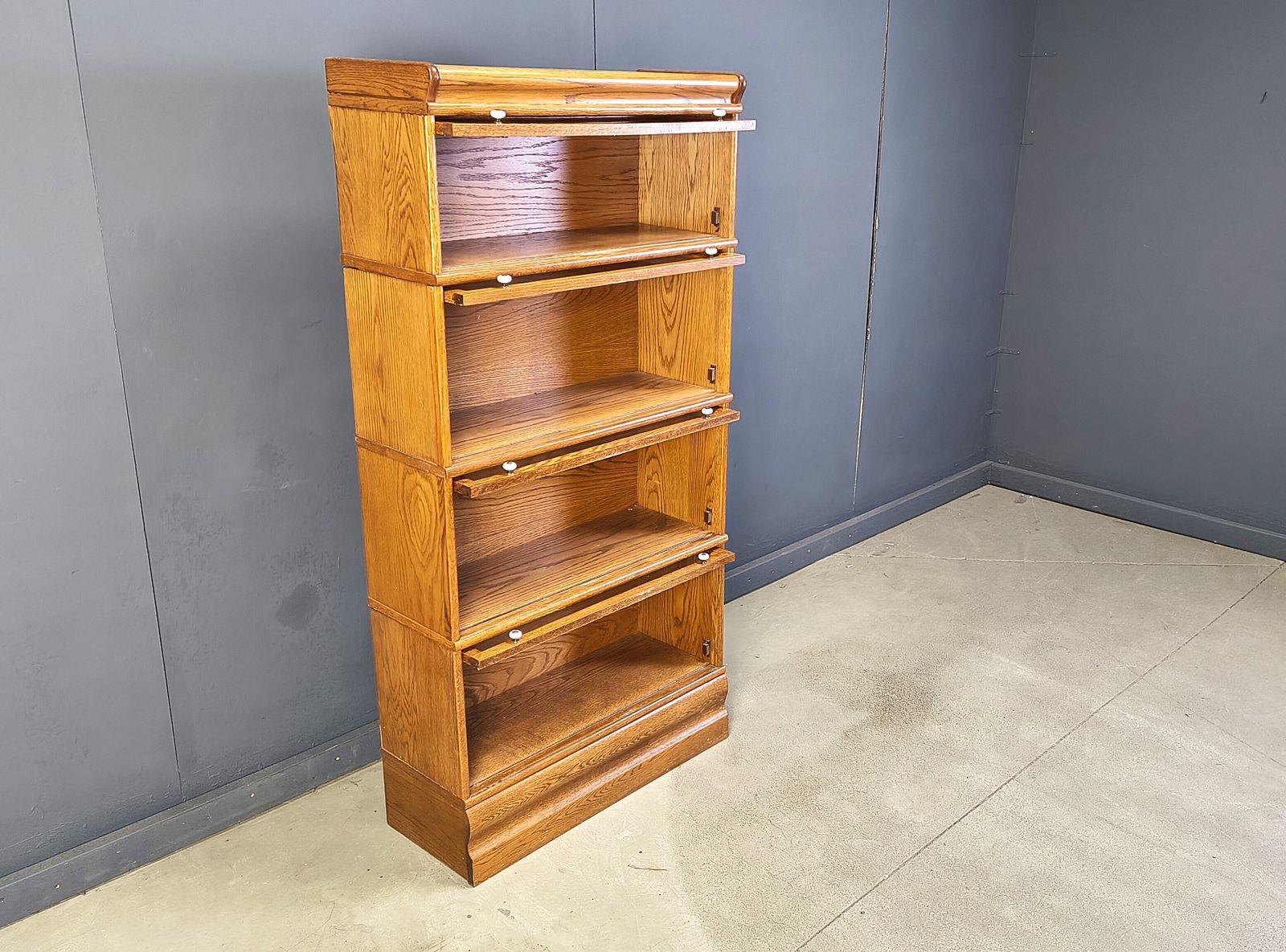 Four Tier Oak Barrister Style Bookcase With Leaded Glass photo for sale