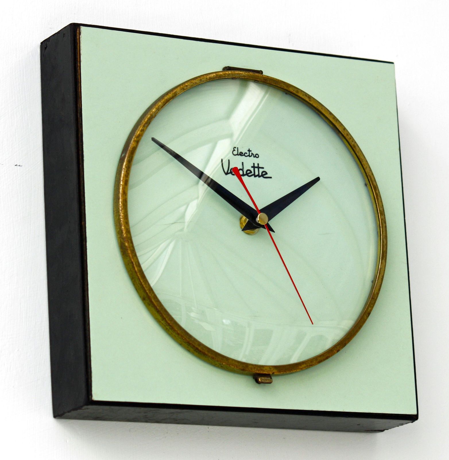 Vintage Vedette Wall Clock   22cm Mid Century Style Wooden Green Formica French Retro Wooden 1960s Atomic Gift Off The Wall Clocks photo furniture