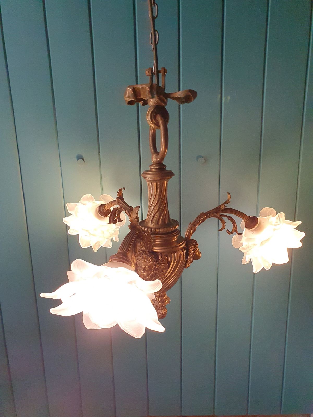 Brass And Glass Chandelier With Cherub Arms photo furniture