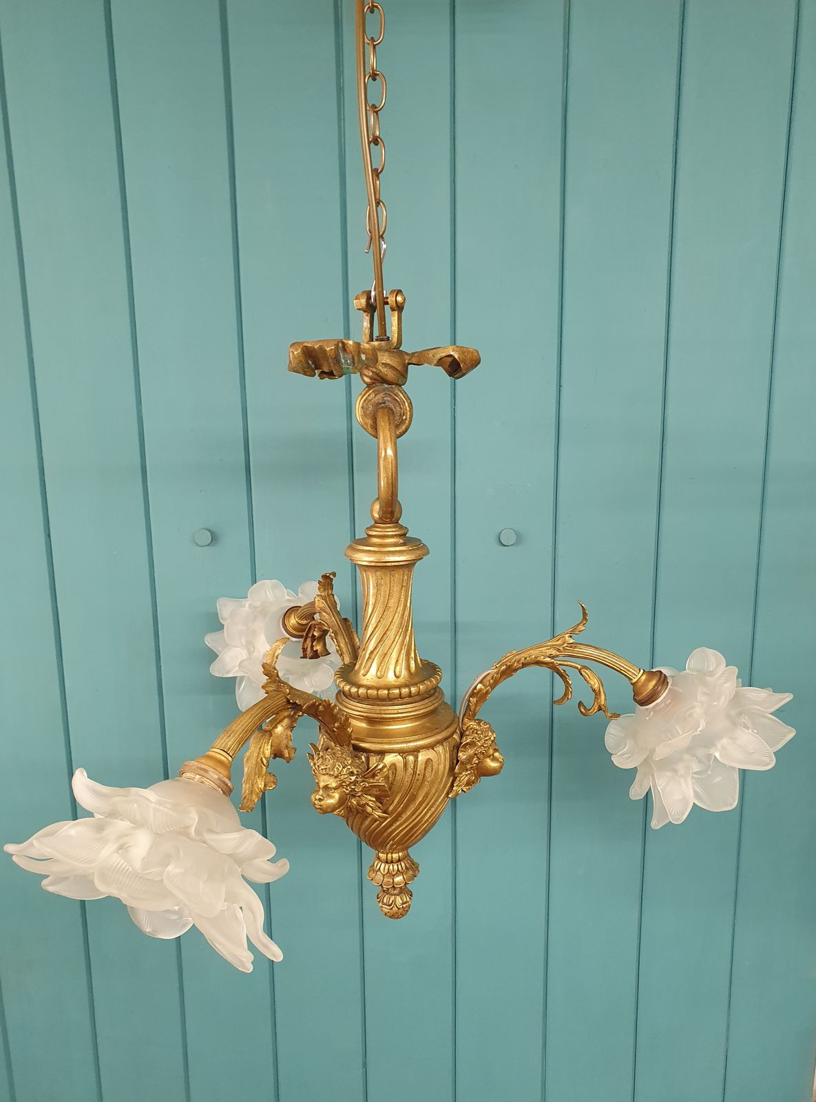 Brass And Glass Chandelier With Cherub Arms photo vinterior