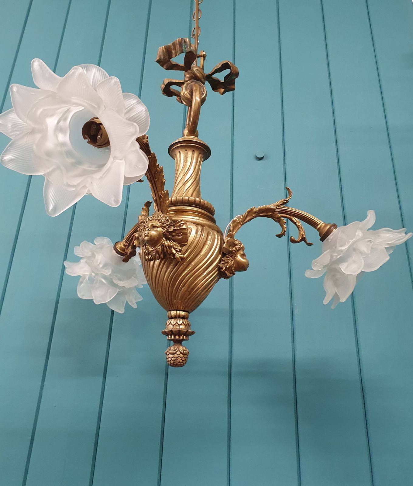 Brass And Glass Chandelier With Cherub Arms photo vintage