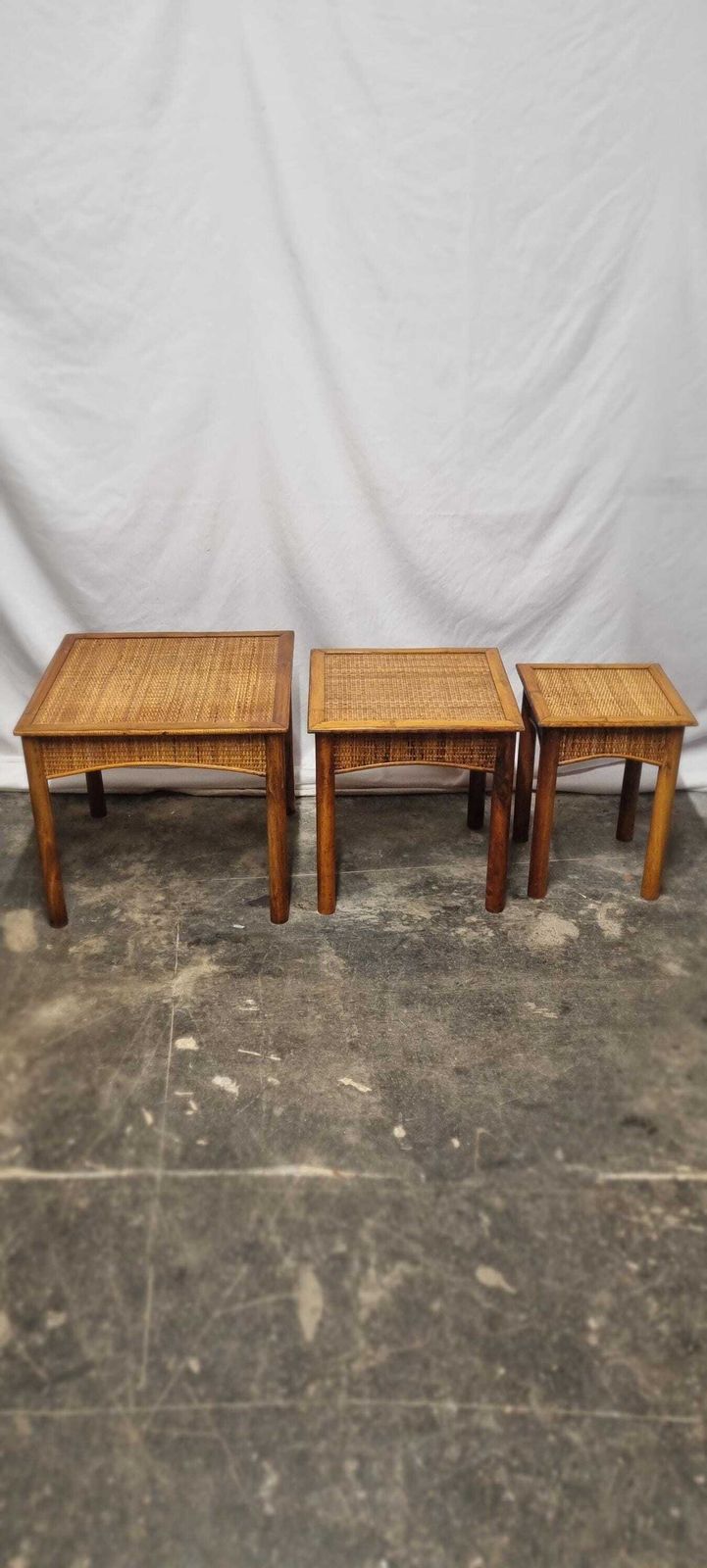 289.0 Vintage Bamboo Rattan Nest Of Tables. photo