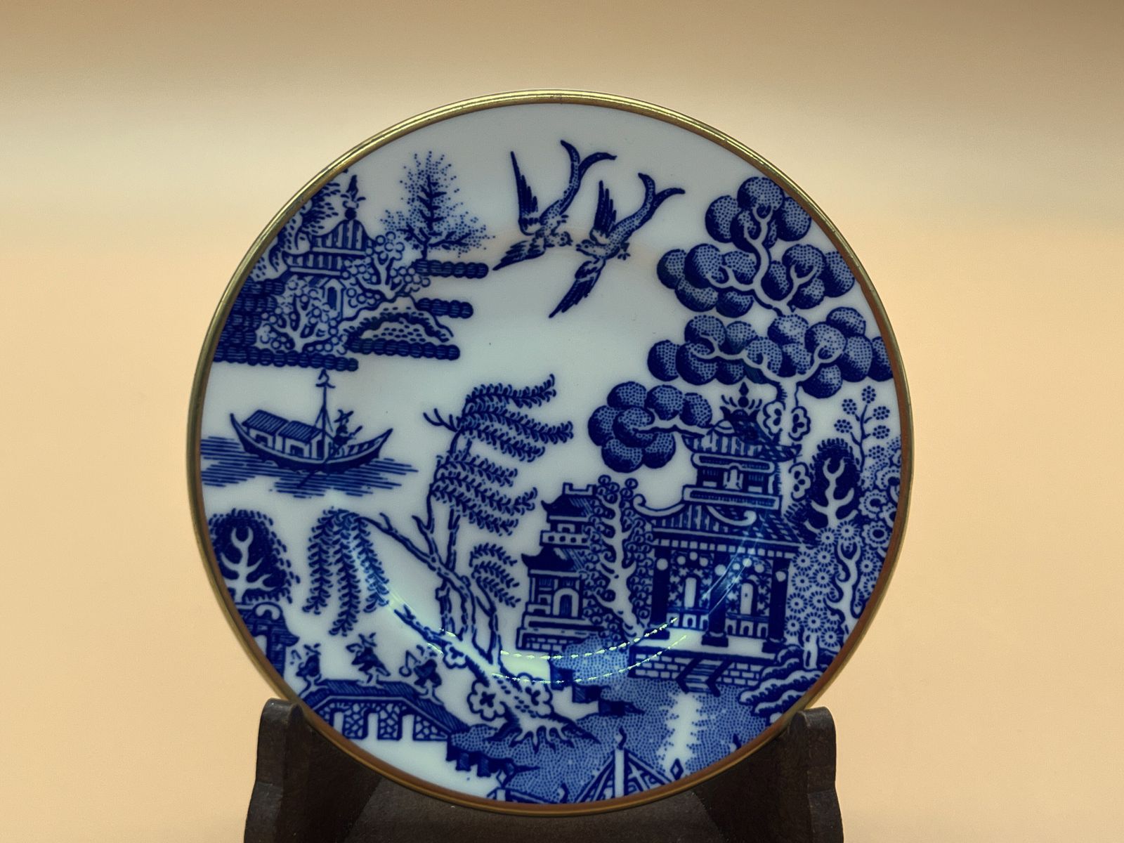 photo furniture Coalport China Blue Willow Miniature Display Tea Set. Teapot, Creamer, Sugar, Tea Cup, Saucer & Side Plate Trio.