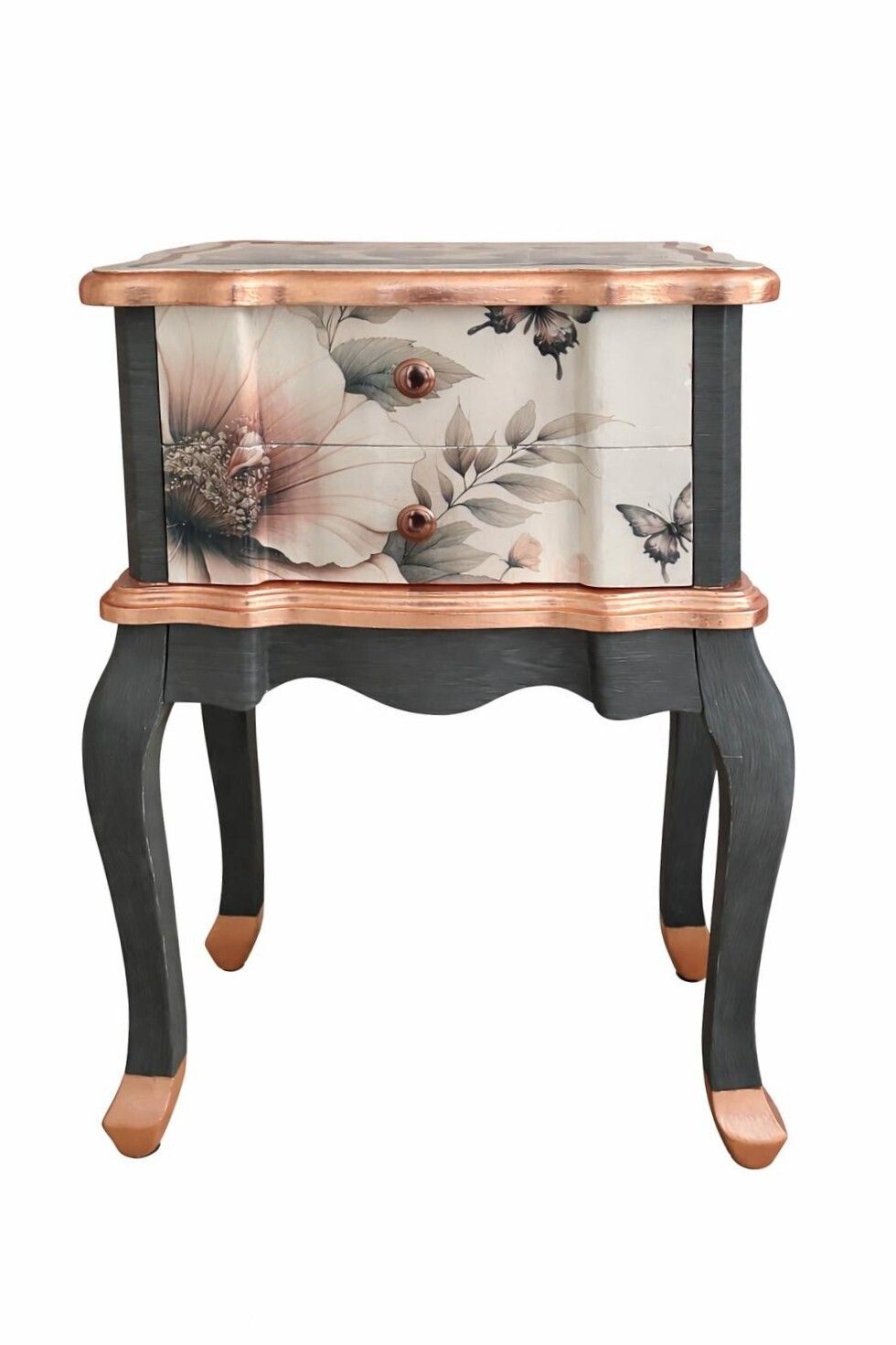 Refurbished Vintage Bedside Tables Pair – Botanical Floral Decoupage, Copper Leaf Detail, Dark Wood Effect Nightstands photo furniture