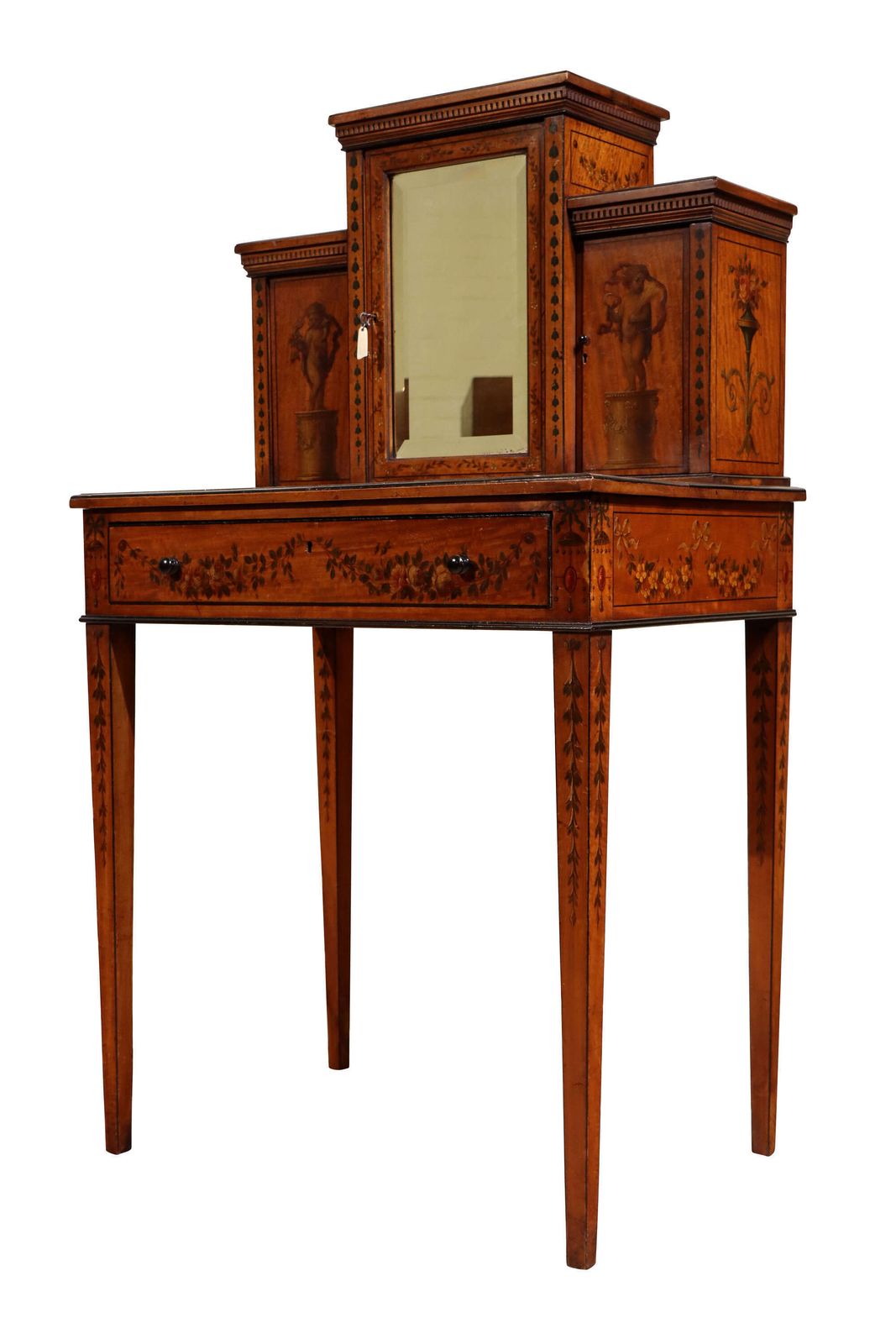 Edwardian Hand Painted Satinwood Ladies Writing Table With Mirrored Superstructure, C.1900 photo Furniture