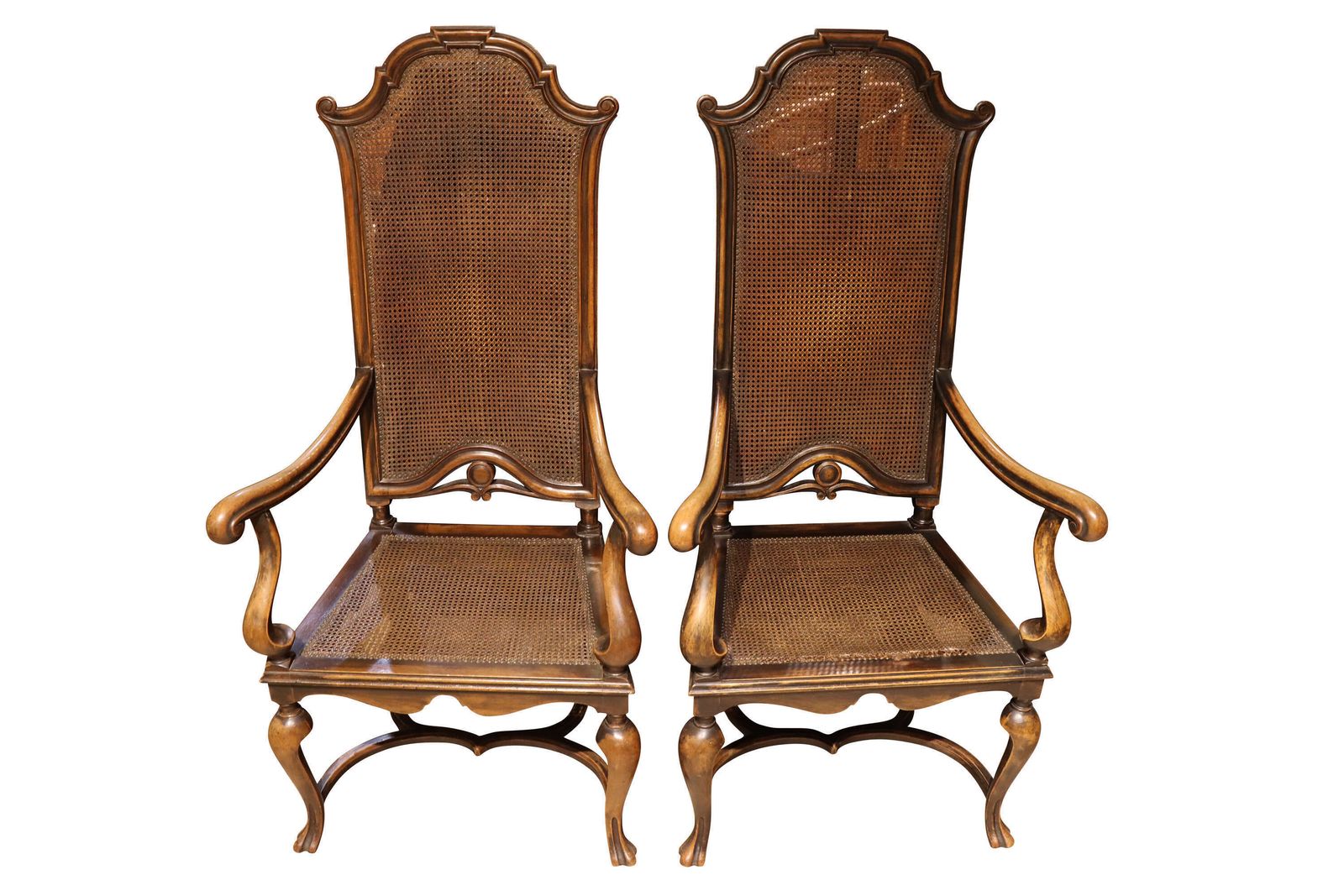 Fine Pair Of William & Mary Style Walnut High Back Caned Armchairs, C.1900 photo buy