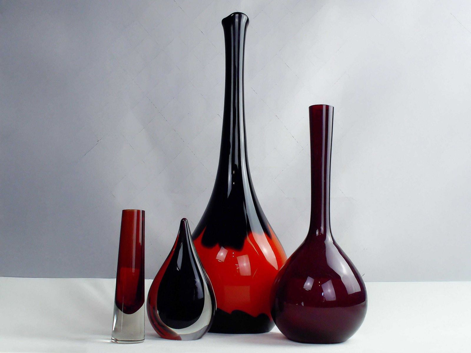 Tall Mid Century Red And Black Art Glass Vase Circa 1970