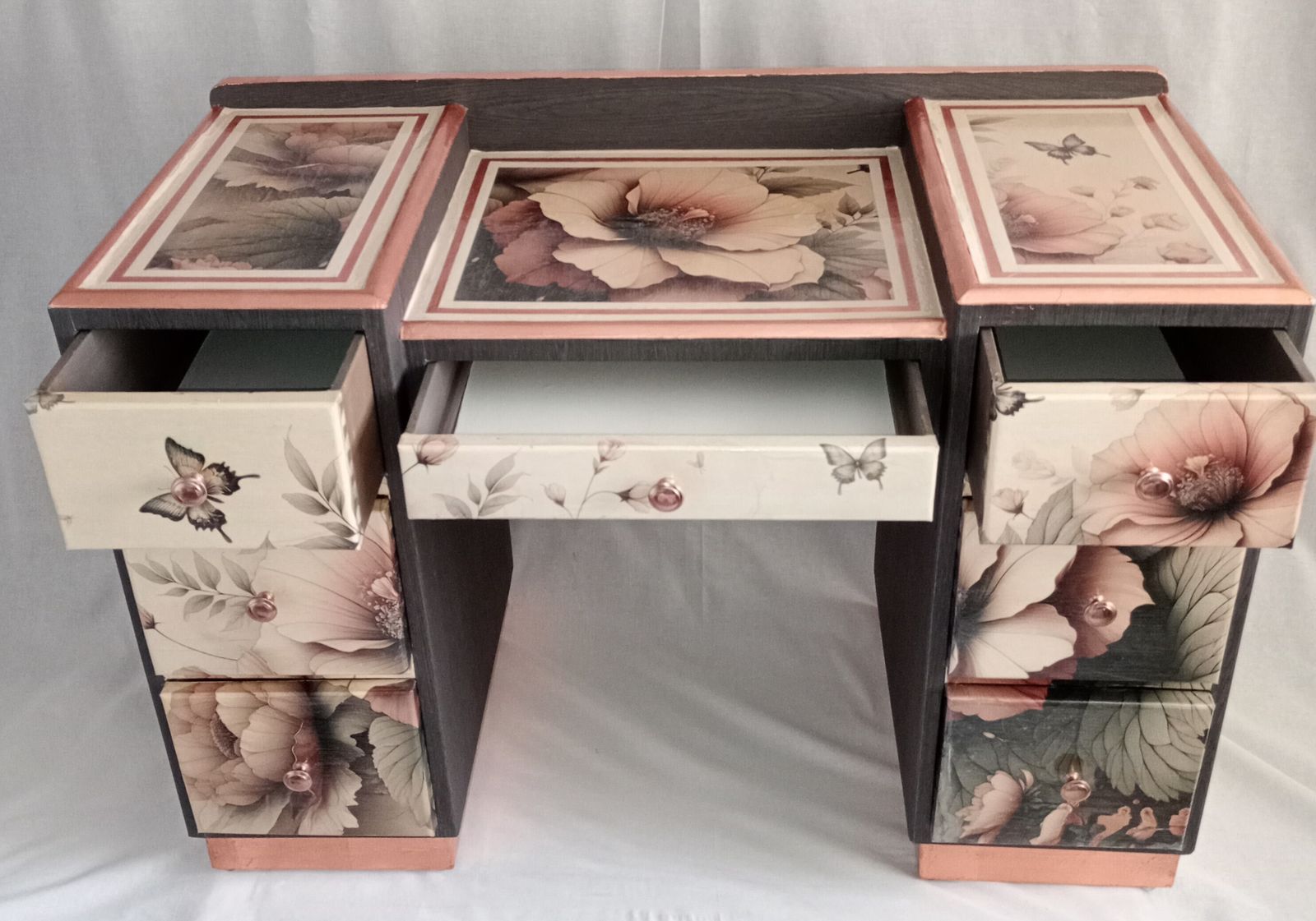 Refurbished Vintage Dressing Table – Botanical Floral Decoupage, Copper Gold Leaf Trim, Vanity photo furniture