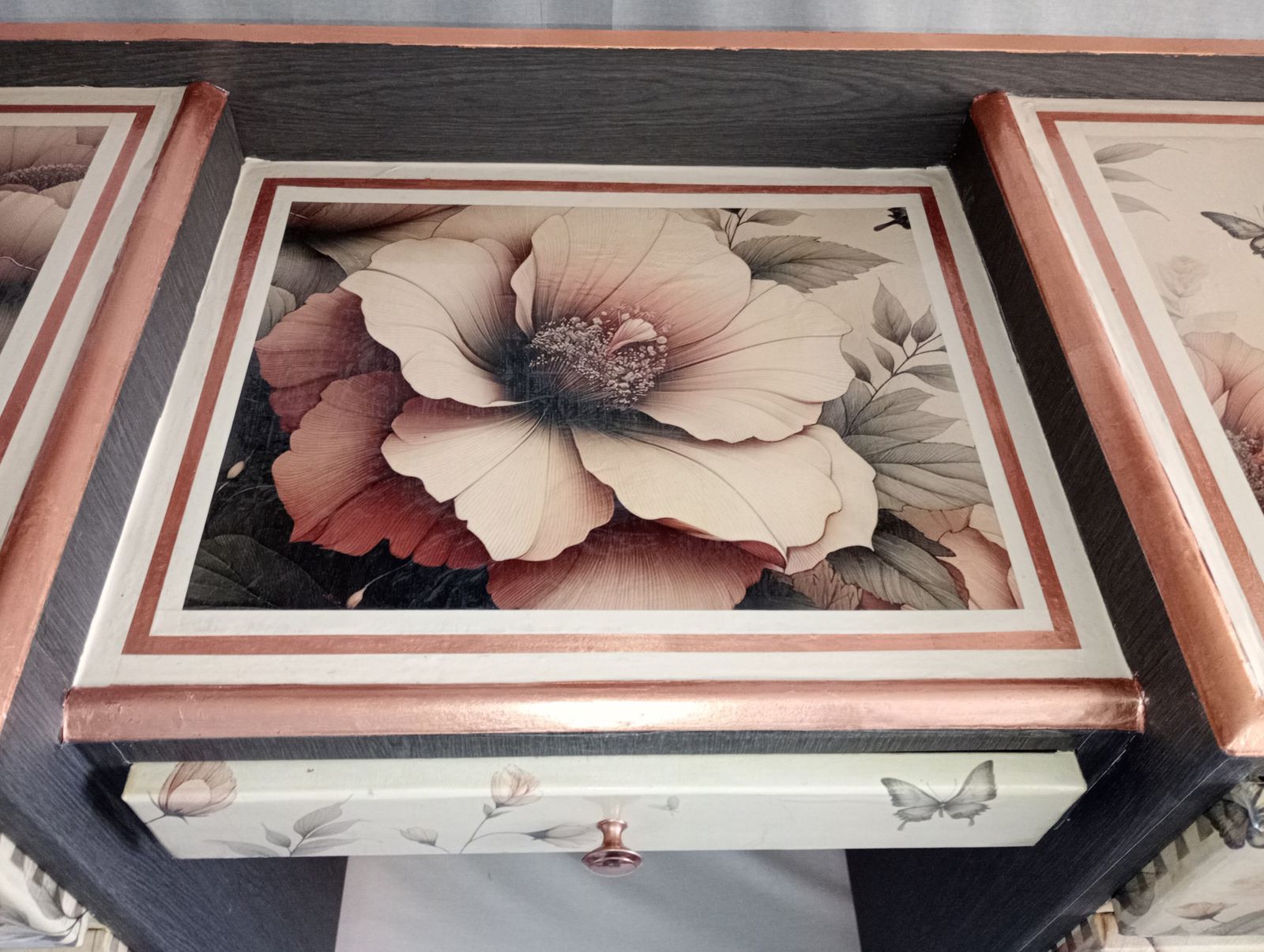 Refurbished Vintage Dressing Table – Botanical Floral Decoupage, Copper Gold Leaf Trim, Vanity photo Furniture