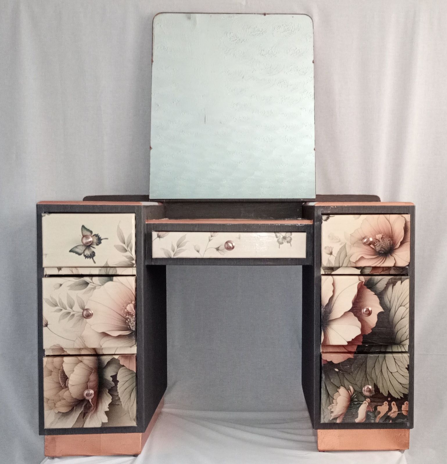 Refurbished Vintage Dressing Table – Botanical Floral Decoupage, Copper Gold Leaf Trim, Vanity photo vinterior