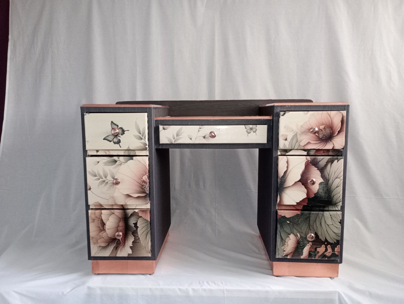 Refurbished Vintage Dressing Table – Botanical Floral Decoupage, Copper Gold Leaf Trim, Vanity photo buy