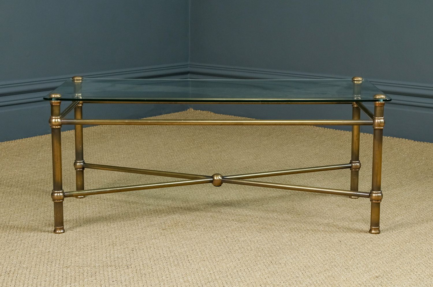 Vintage English Art Deco Style Brass & Glass Occasional Rectangular Coffee Table (Circa 1970) photo furniture