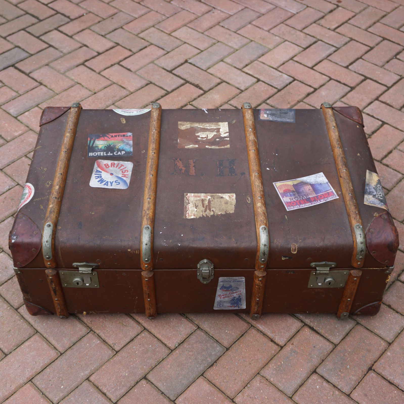 1920s Bentwood Steamer Trunk With Travel Stickers To Use For Prop Or Theatre Dressing photo furniture