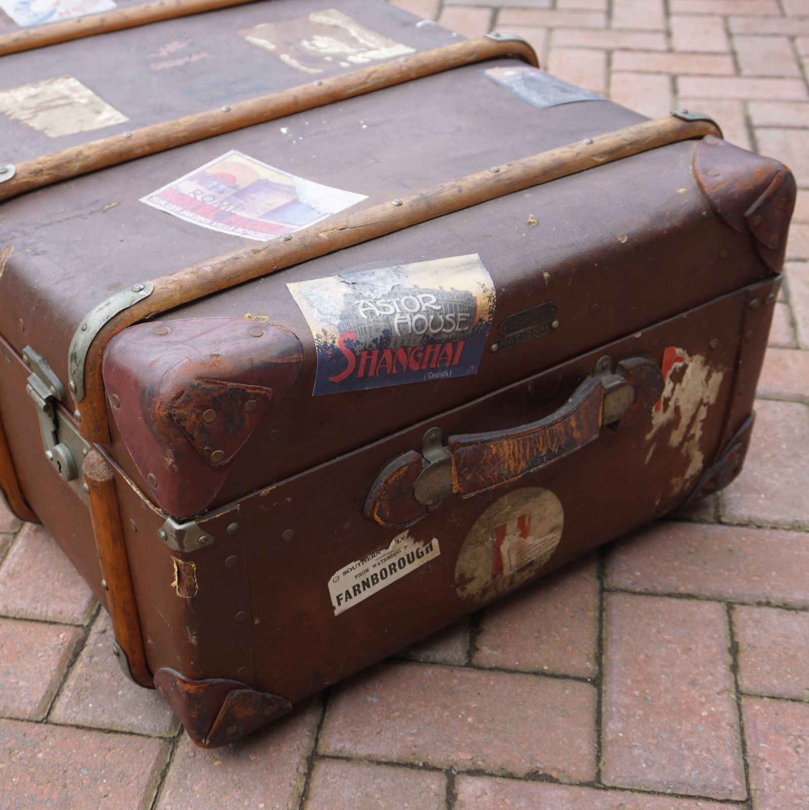 1920s Bentwood Steamer Trunk With Travel Stickers To Use For Prop Or Theatre Dressing photo buy