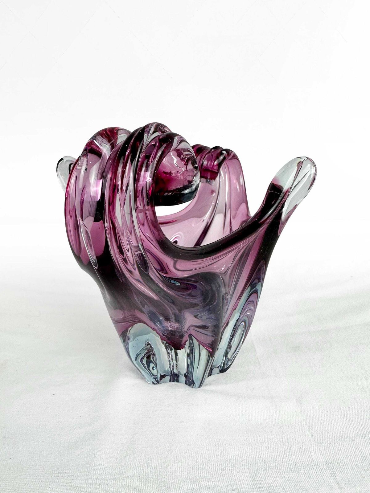 Mid Century Cristallo Venezia Ccc Murano Pink & Blue Sommerso Art Glass Sculptured Bowl 1960 photo vintage