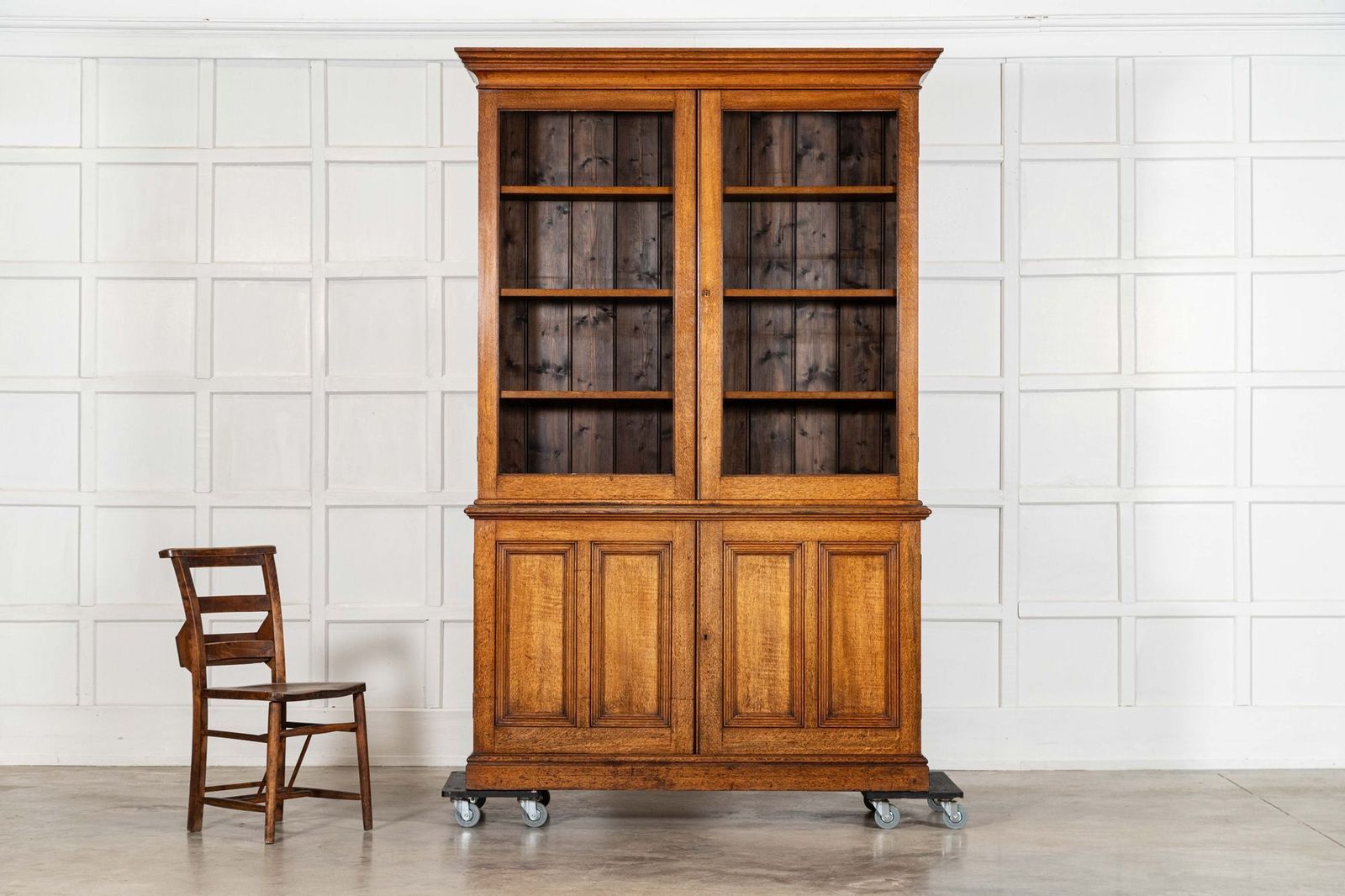 Large 19thc English Oak Glazed Bookcase Cabinet photo buy
