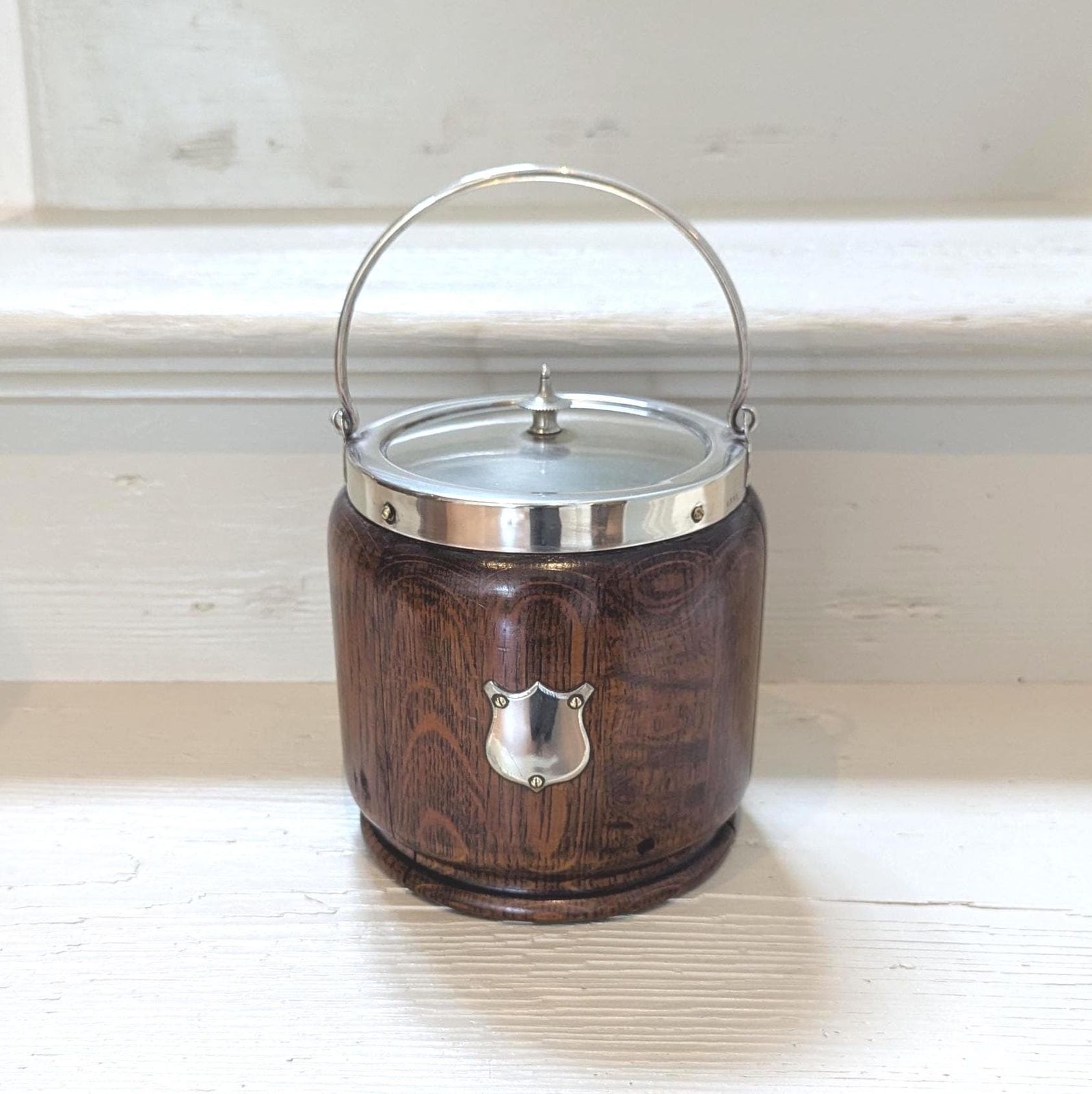 1930s Oak Wooden Biscuit Barrel With Silver Plated Fittings Cookie Jar photo buy