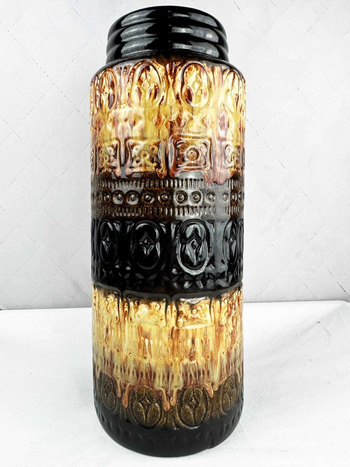 Large West German Pottery Floor Vase, Mid Century Geometric Cream Chocolate Brown, Scheurich 1970s photo buy