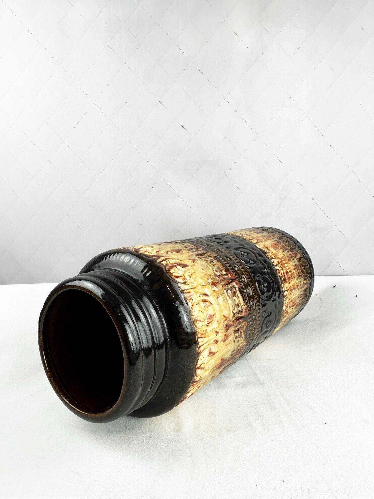 Large West German Pottery Floor Vase, Mid Century Geometric Cream Chocolate Brown, Scheurich 1970s photo vintage