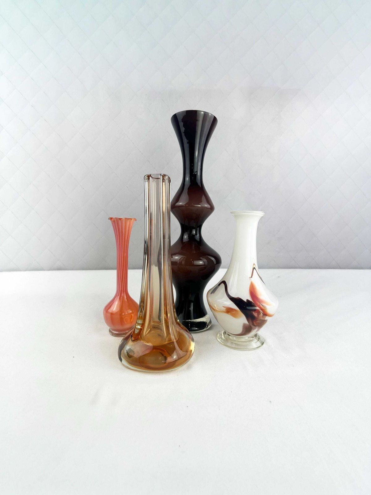 Set Of Four Mid Century Art Glass Vases, Mcm Orange White Brown Palette