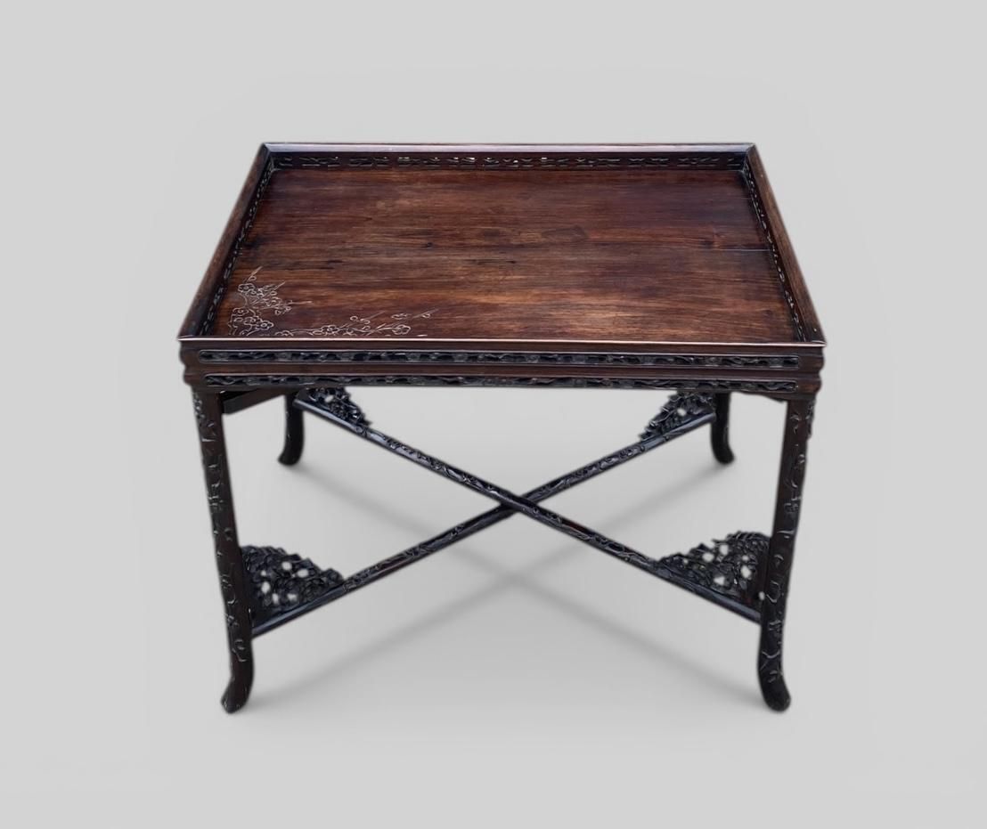 Antique Chinese Carved Padauk Tray On Stand