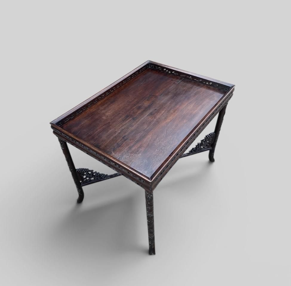photo buy Antique Chinese Carved Padauk Tray On Stand