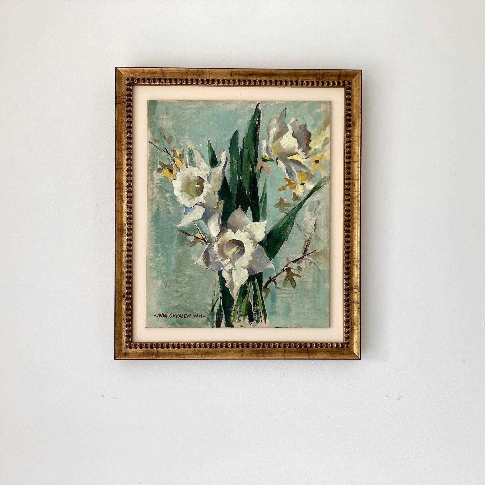 Daffodils Oil Painting – Nan Greacen Impressionist Floral Still Life, Framed Canvas