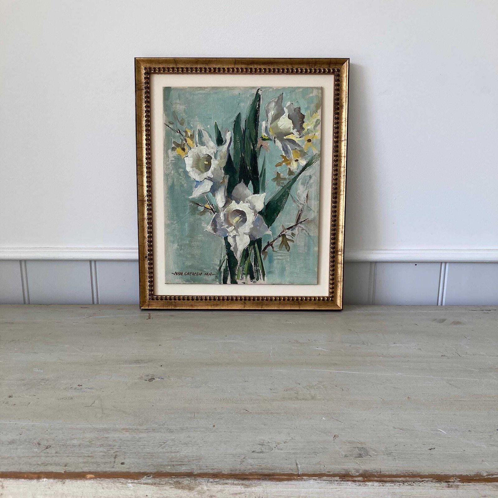 Daffodils Oil Painting – Nan Greacen Impressionist Floral Still Life, Framed Canvas photo for sale