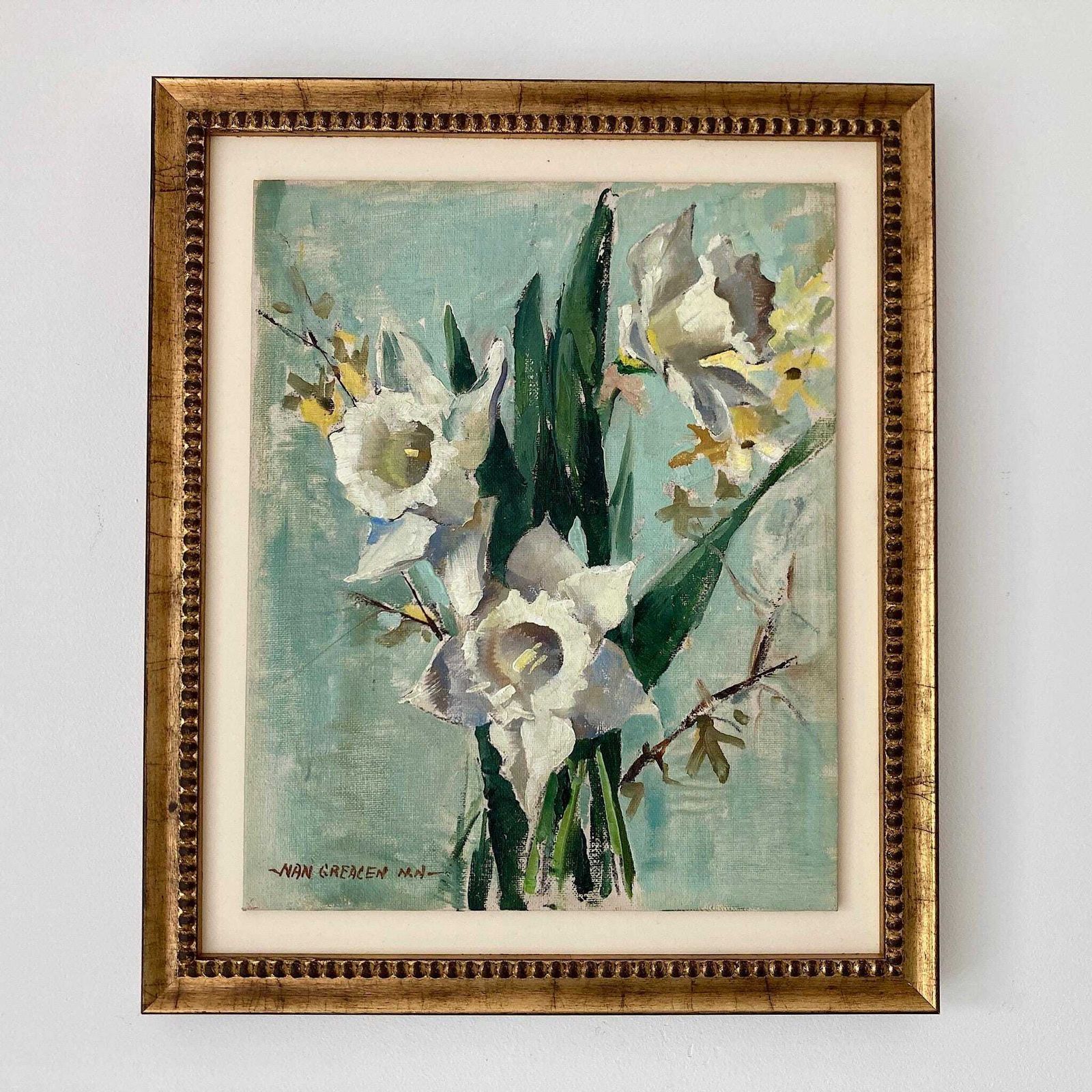 Daffodils Oil Painting – Nan Greacen Impressionist Floral Still Life, Framed Canvas photo Art
