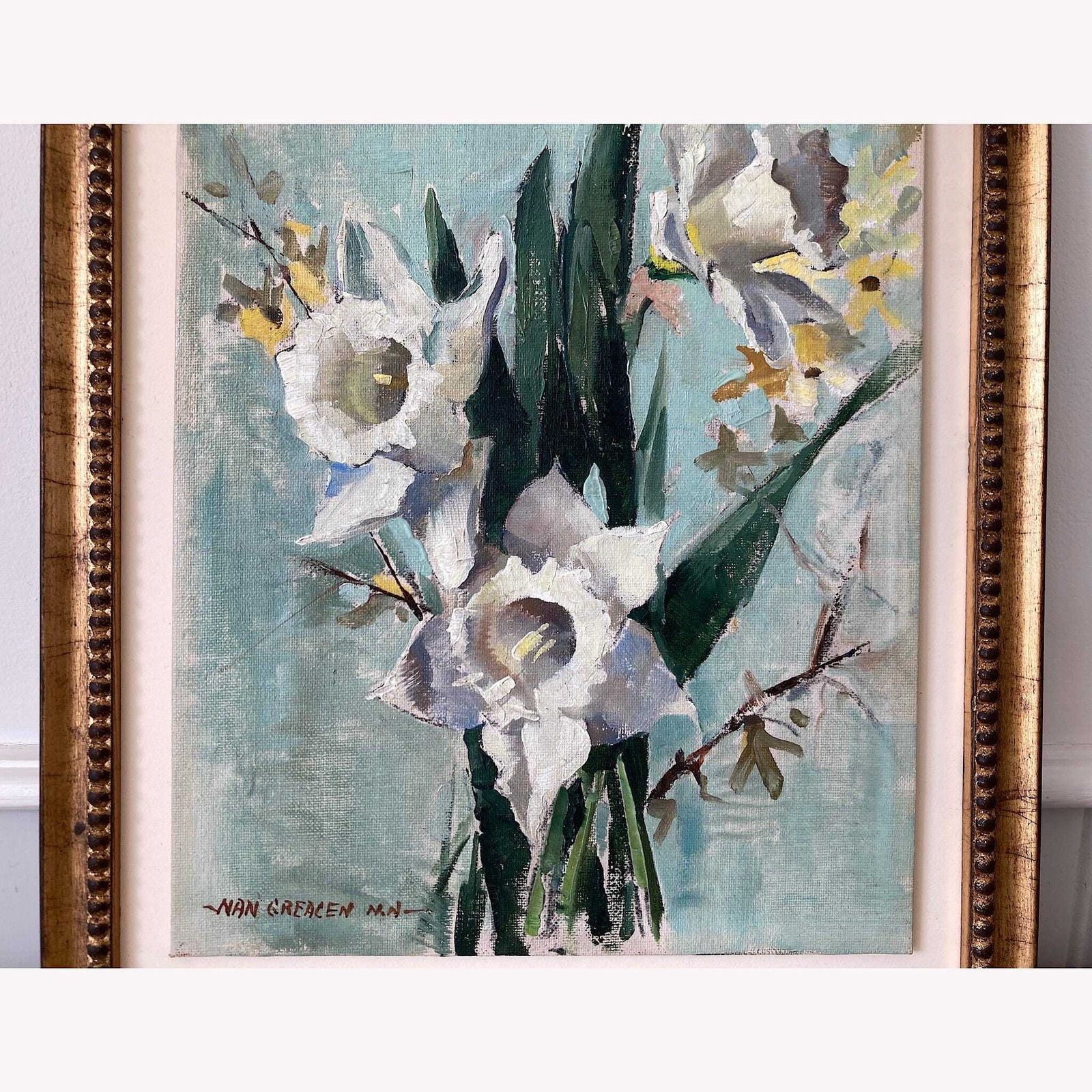 Daffodils Oil Painting – Nan Greacen Impressionist Floral Still Life, Framed Canvas photo vinterior