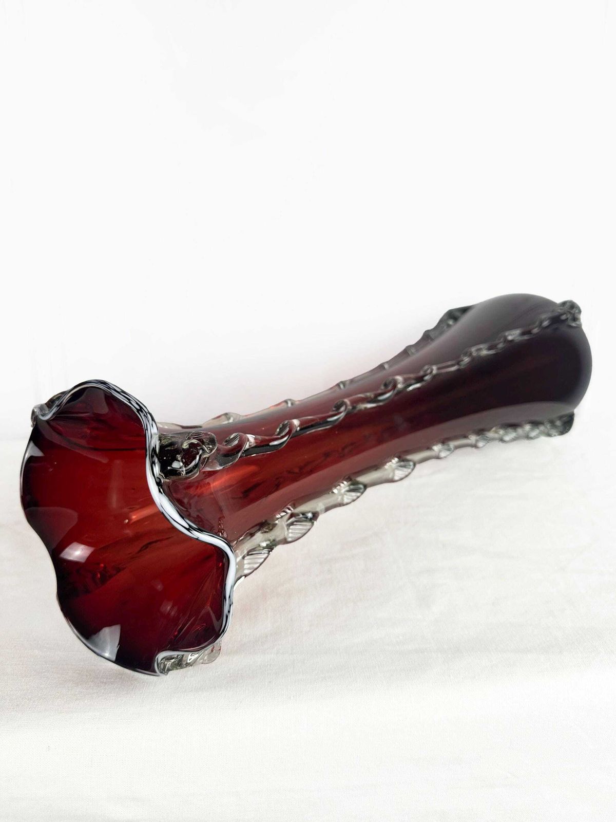 Mid Century Handblown Cranberry Red And Clear Glass Vase Circa 1960 photo 156.0