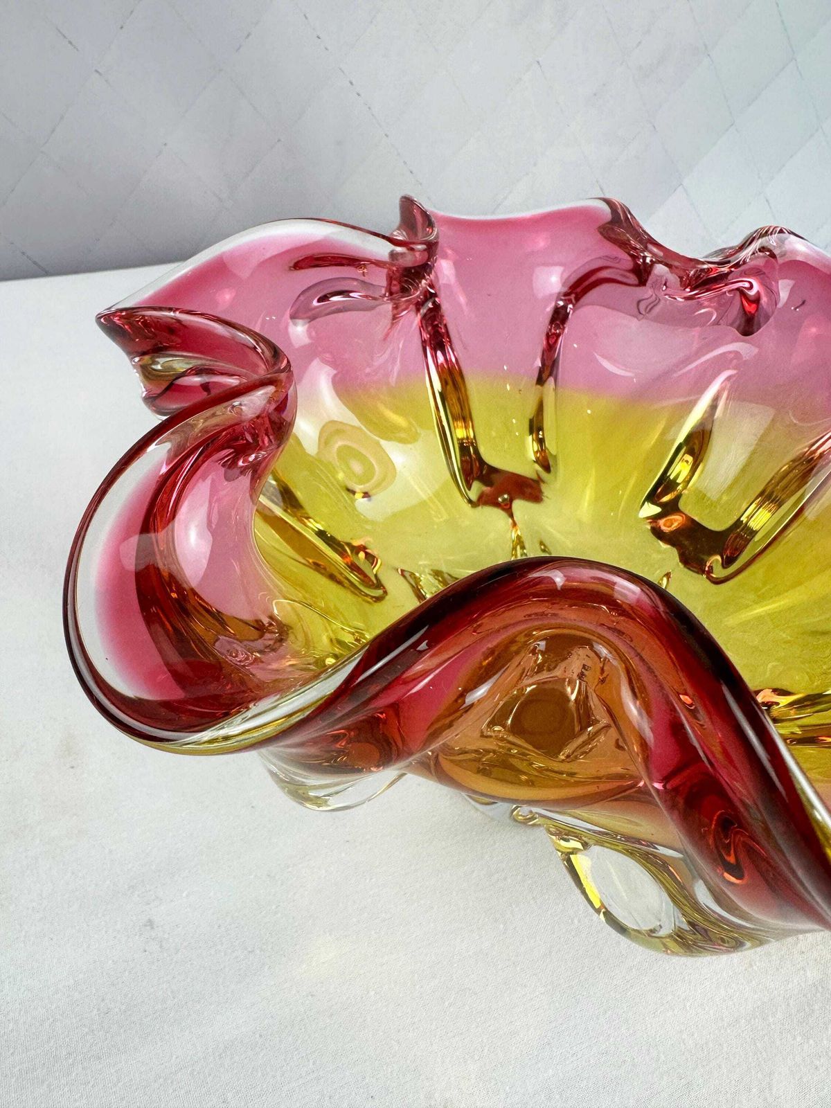 Josef Hospodka Chribska Sommerso Glass Bowl, Pink Yellow Flower Art photo for sale