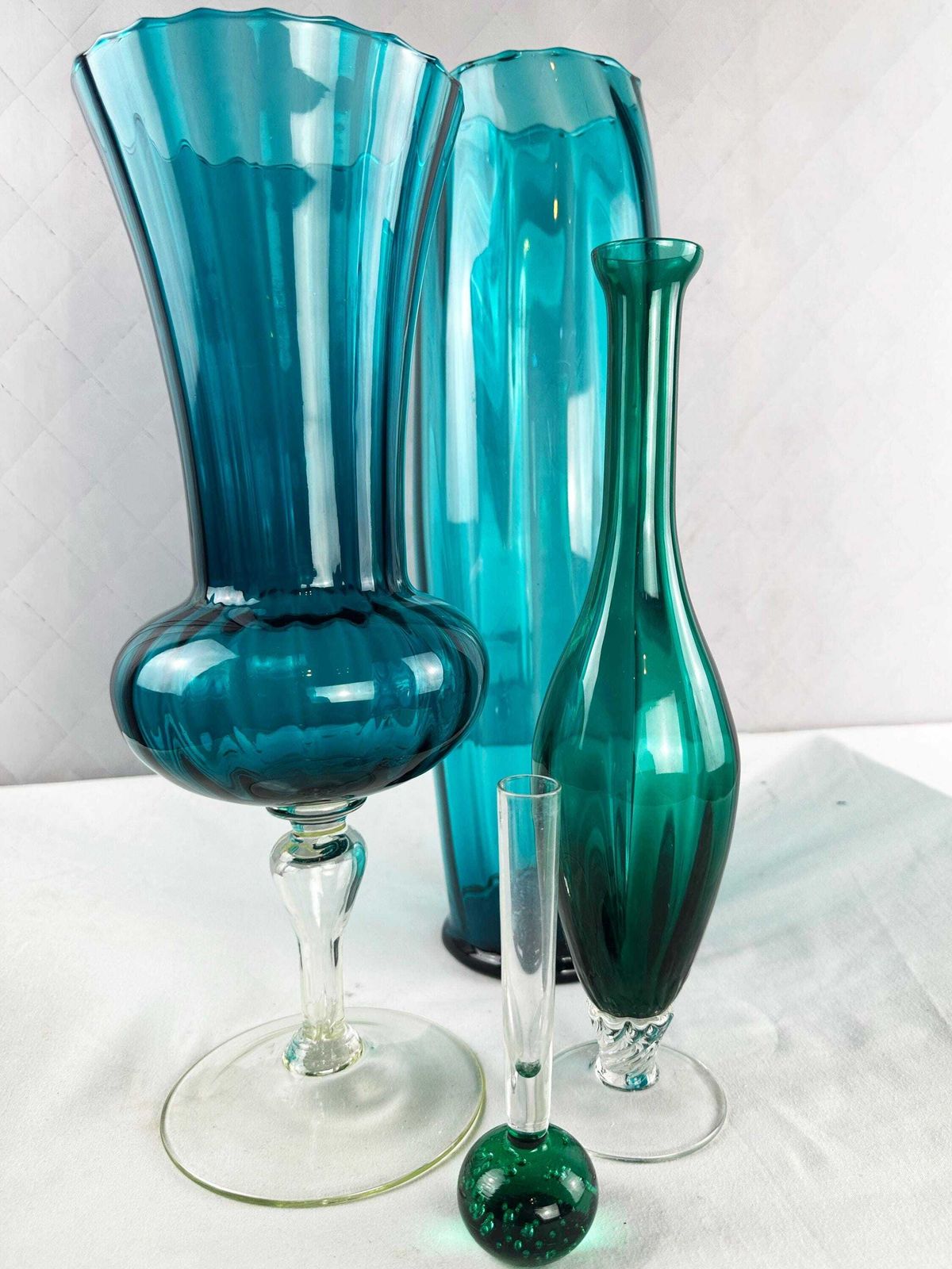 Mid Century Empoli Glass Vases: Aqua Marine, Teal, Emerald Tones (Set Of 4) photo for sale
