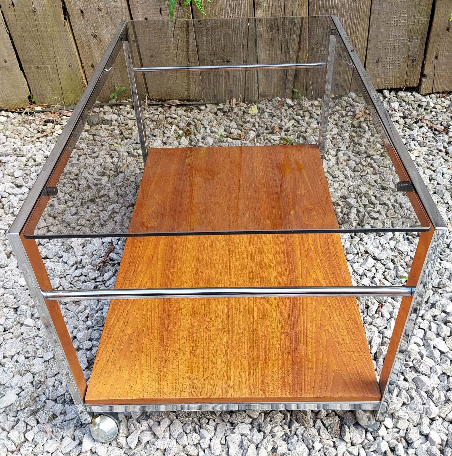 Mcm Howard Miller Smoke Glass Metal Teak Coffee Table On Wheels photo vinterior