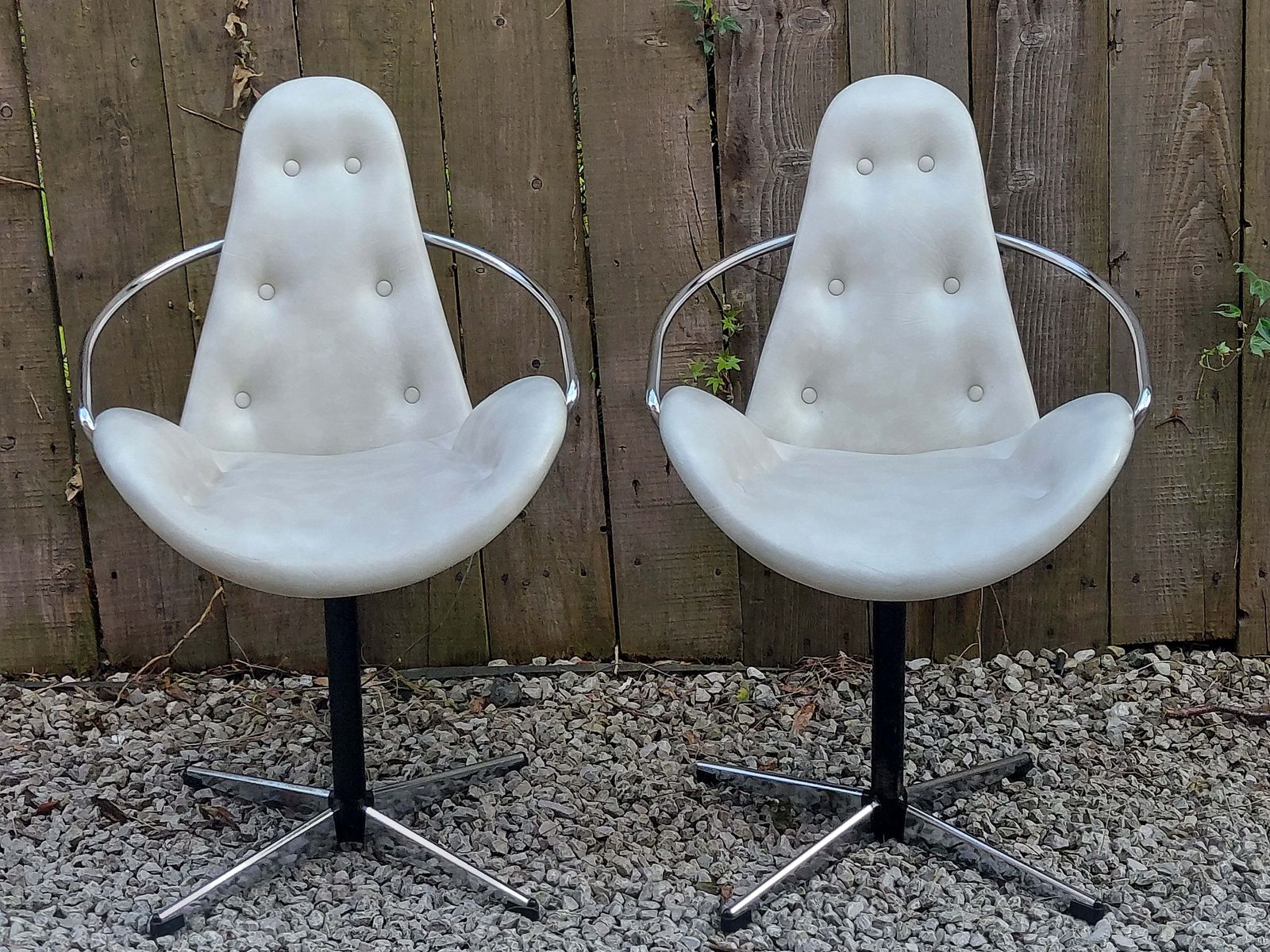 Mid Century Modern Pair Atomic Style Cream Vinyl Swivel Chairs photo furniture
