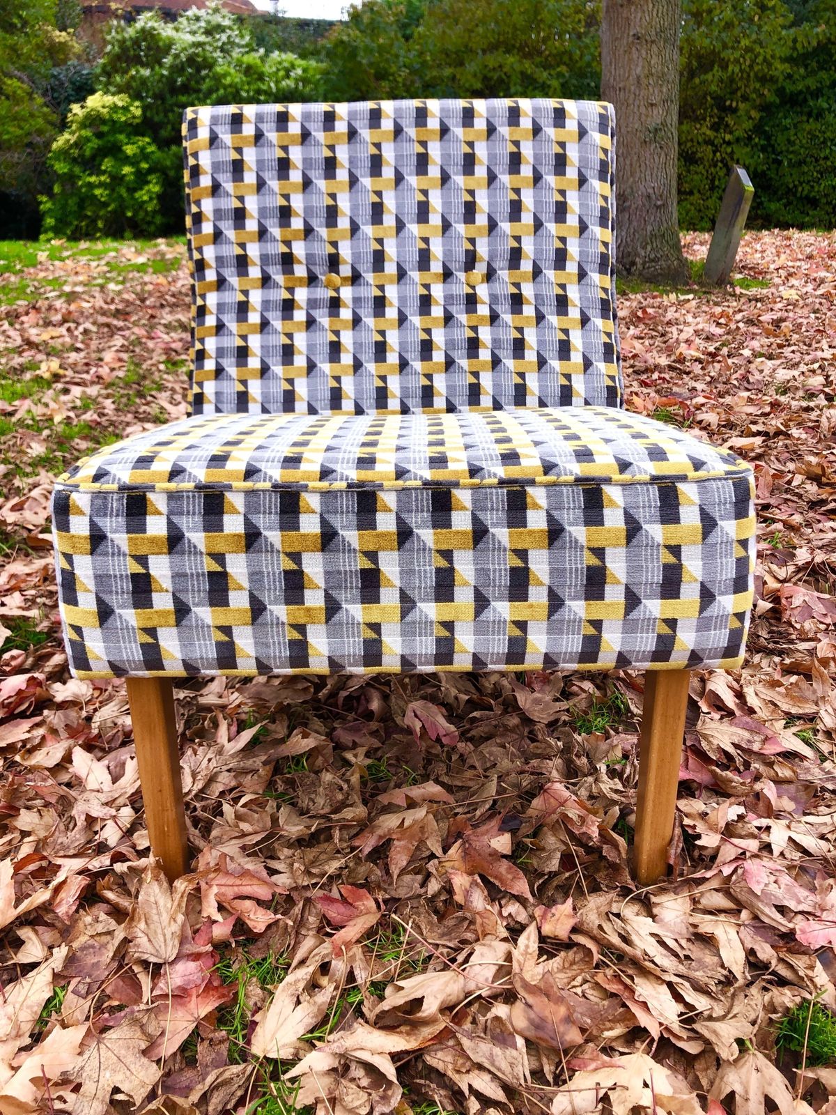 The 'Piccadilly London Underground' Chair, Unique Mid Century Cocktail Chair Reupholstered In Geometric Romo 'Piccadilly Underground' Fabric. photo furniture