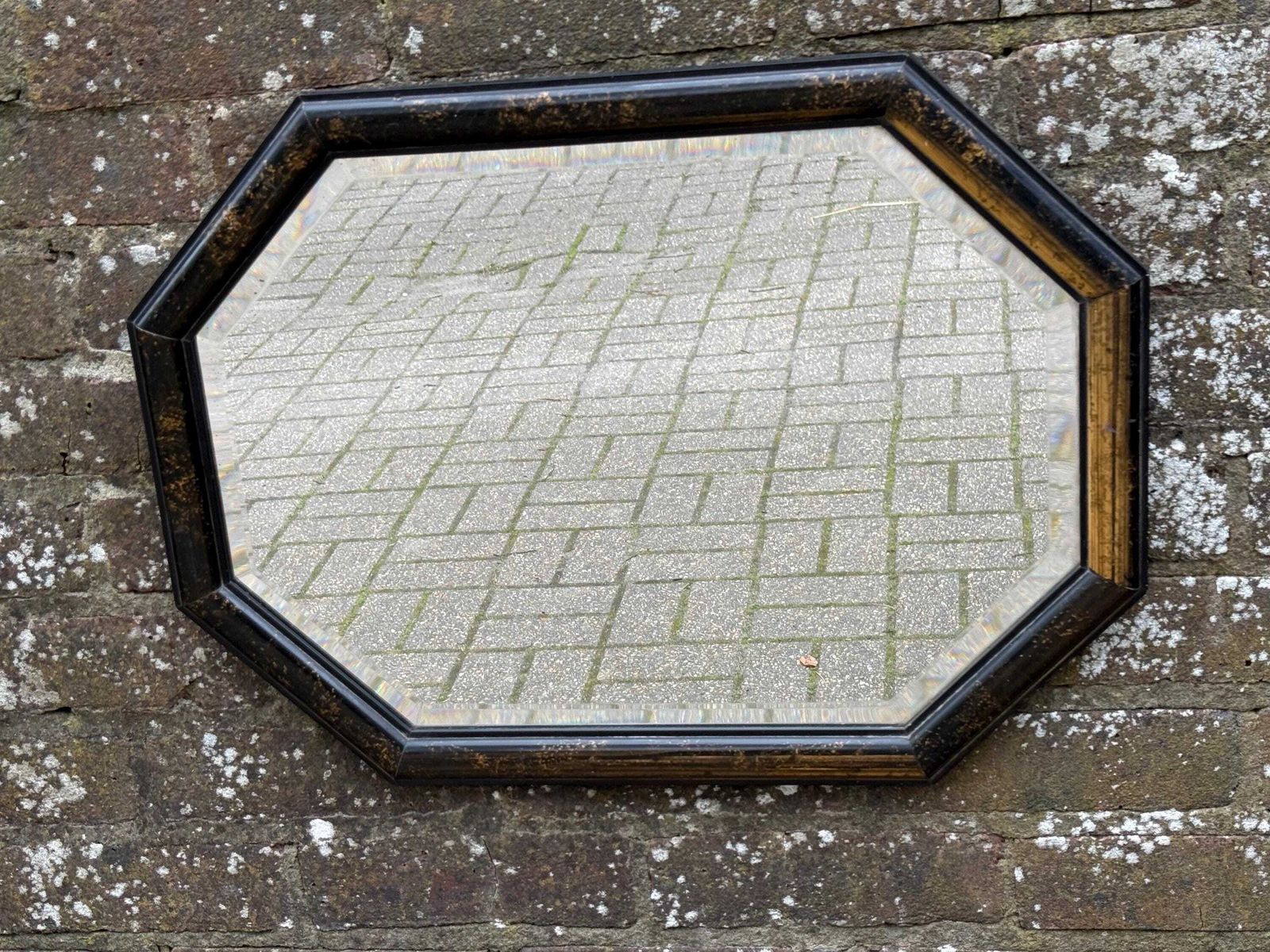 1970s Vintage Octagonal Wall Mirror, Black & Gold Resin Frame, Bevelled Glass, Retro Geometric Decor photo furniture