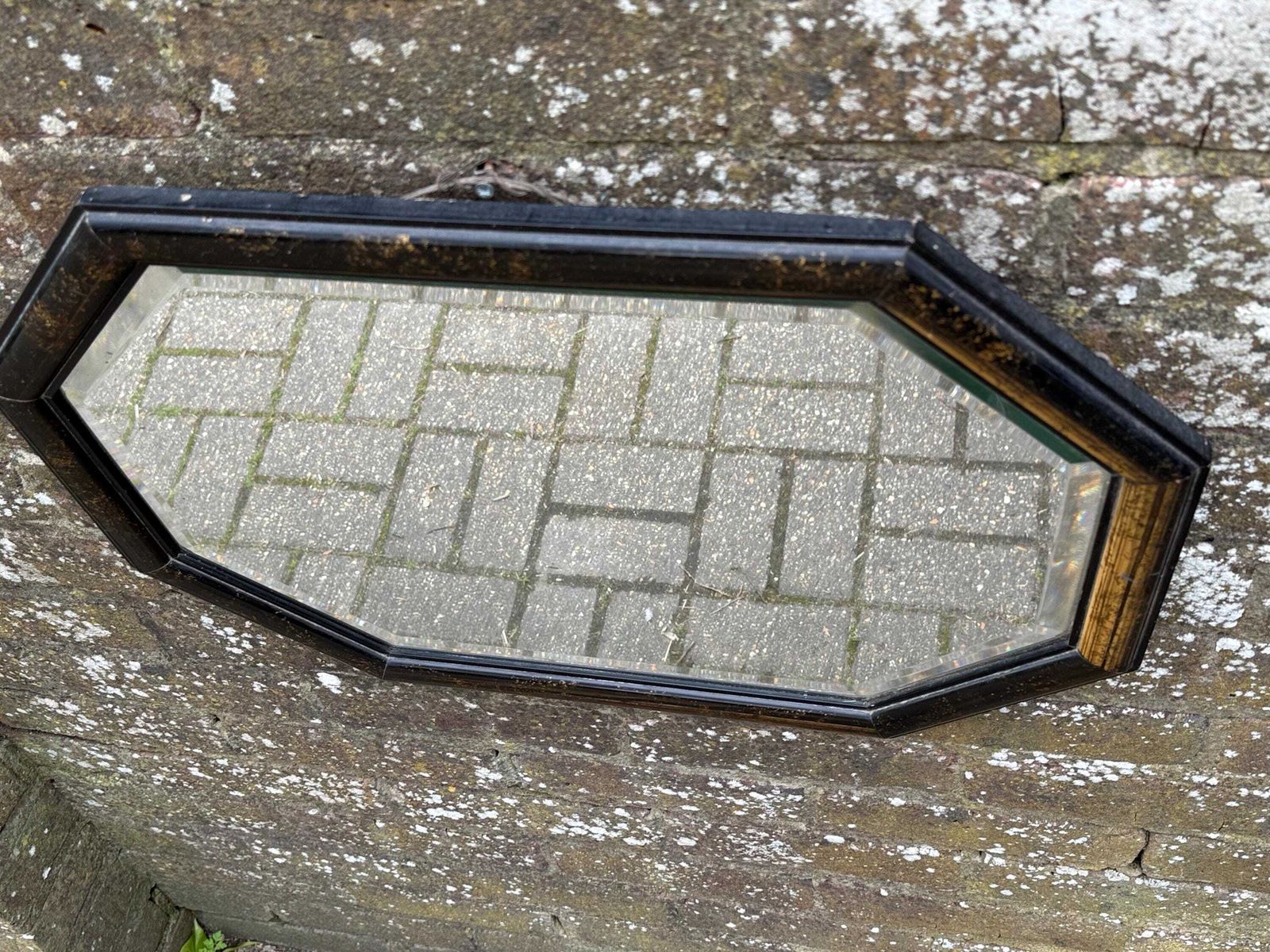 1970s Vintage Octagonal Wall Mirror, Black & Gold Resin Frame, Bevelled Glass, Retro Geometric Decor photo Home Decor