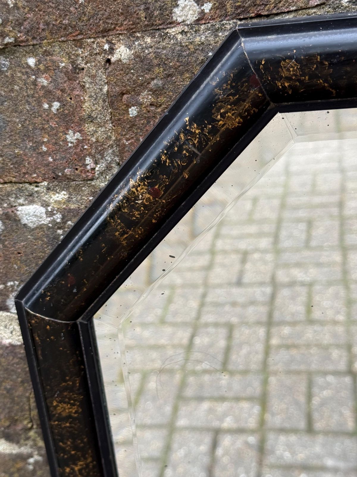 1970s Vintage Octagonal Wall Mirror, Black & Gold Resin Frame, Bevelled Glass, Retro Geometric Decor photo buy
