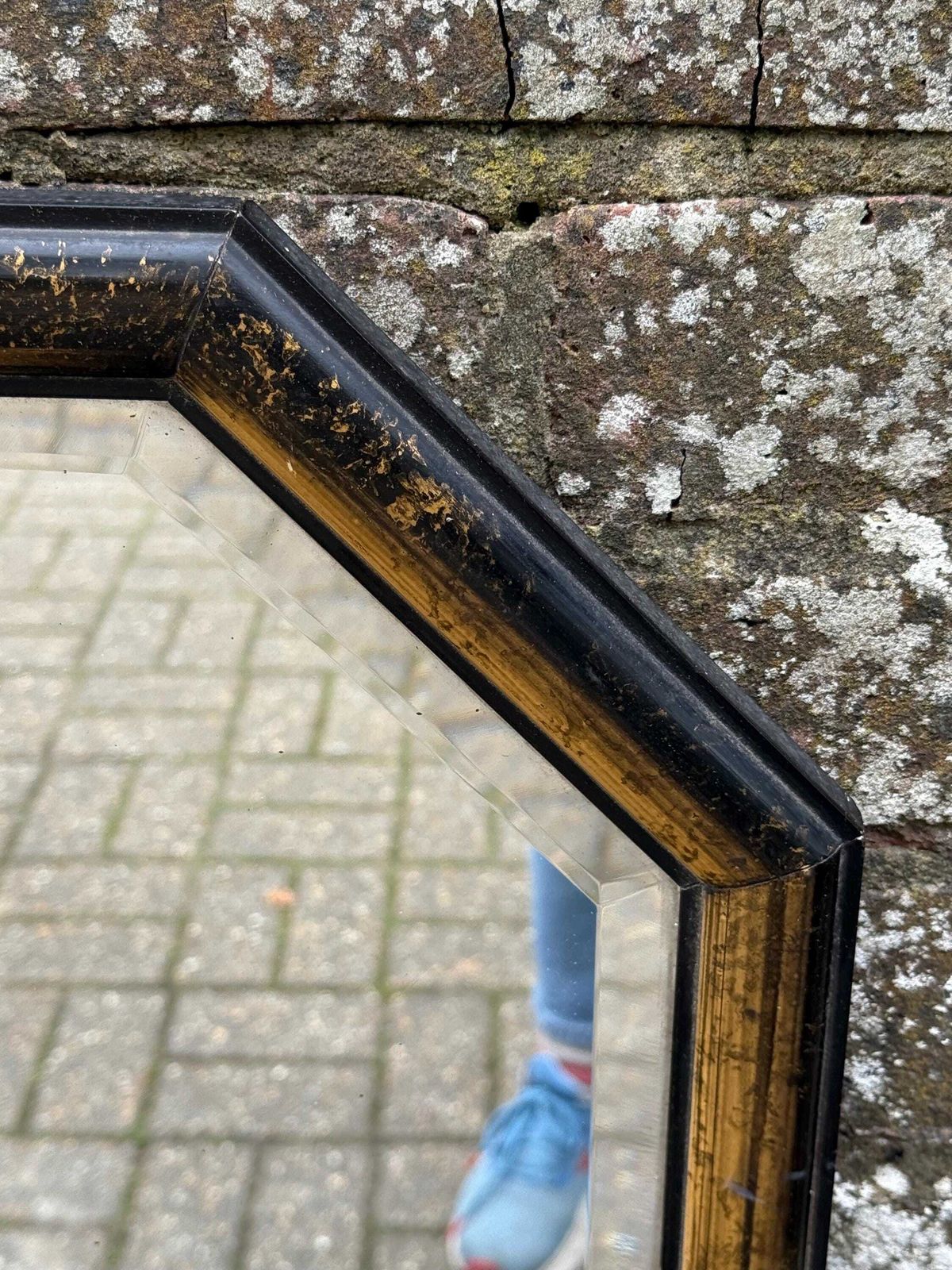 1970s Vintage Octagonal Wall Mirror, Black & Gold Resin Frame, Bevelled Glass, Retro Geometric Decor photo vintage
