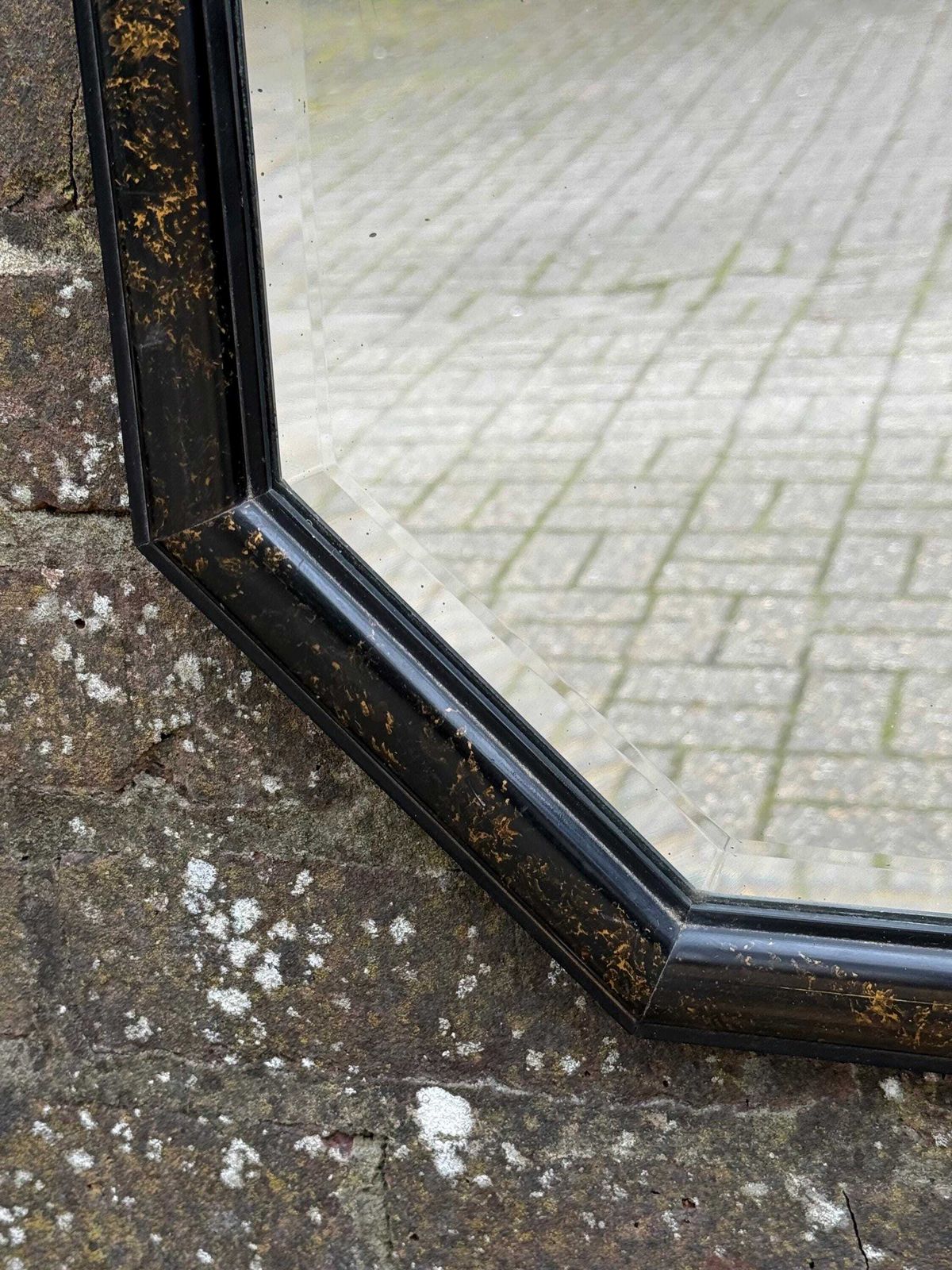 photo furniture 1970s Vintage Octagonal Wall Mirror, Black & Gold Resin Frame, Bevelled Glass, Retro Geometric Decor
