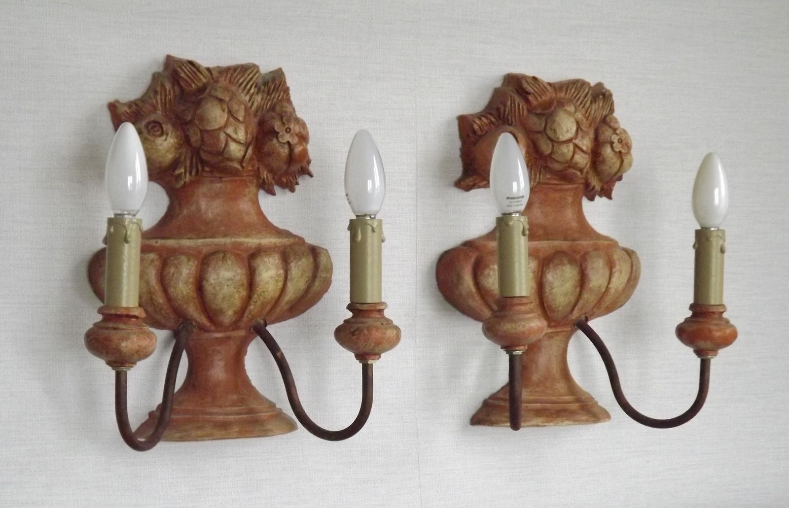 Rare Large Pair French Terracotta Urn Wall Lights Fruit Basket Double Sconces photo Lighting