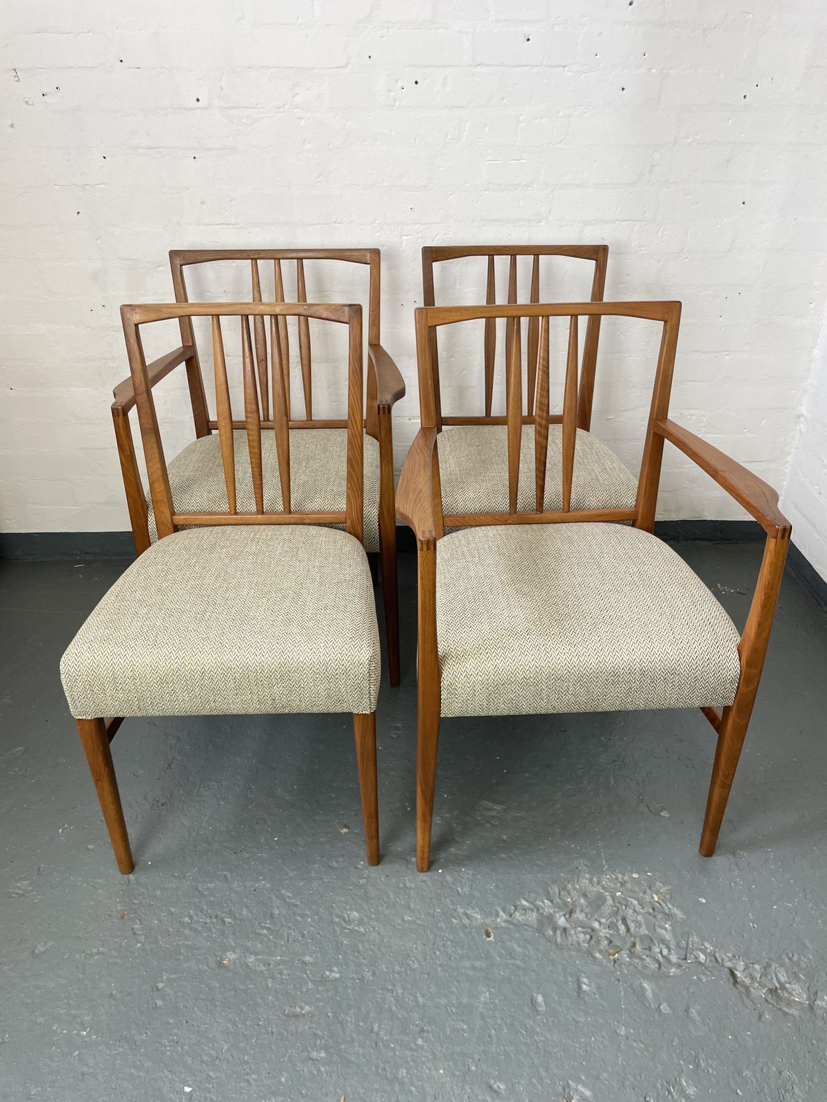 Set Of 4 Gordon Russell Mid Century Dining Chairs | 2 Carvers & 2 Side Chairs | Professionally Reupholstered | Heals Era
