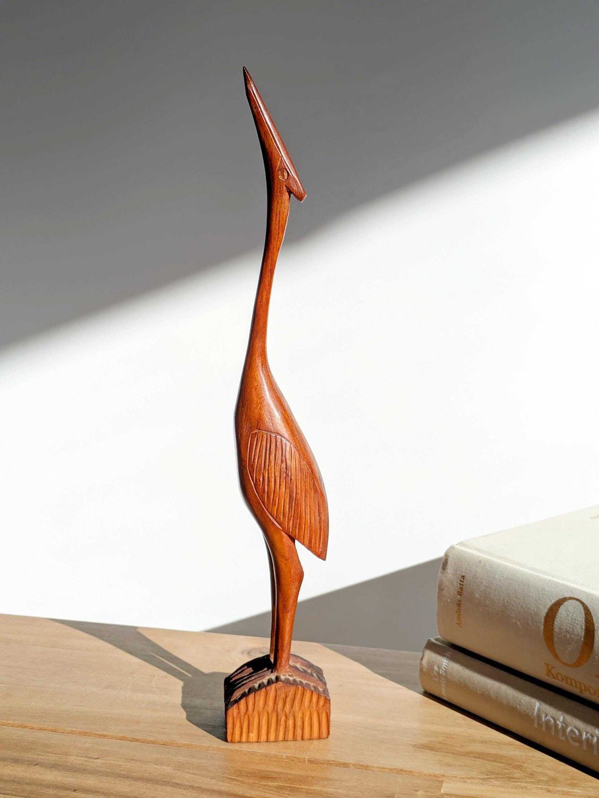 Midcentury Teak Crane Sculpture, 34.5 Cm Hand Carved Danish Style Bird Figurine, Scandi Decor photo for sale