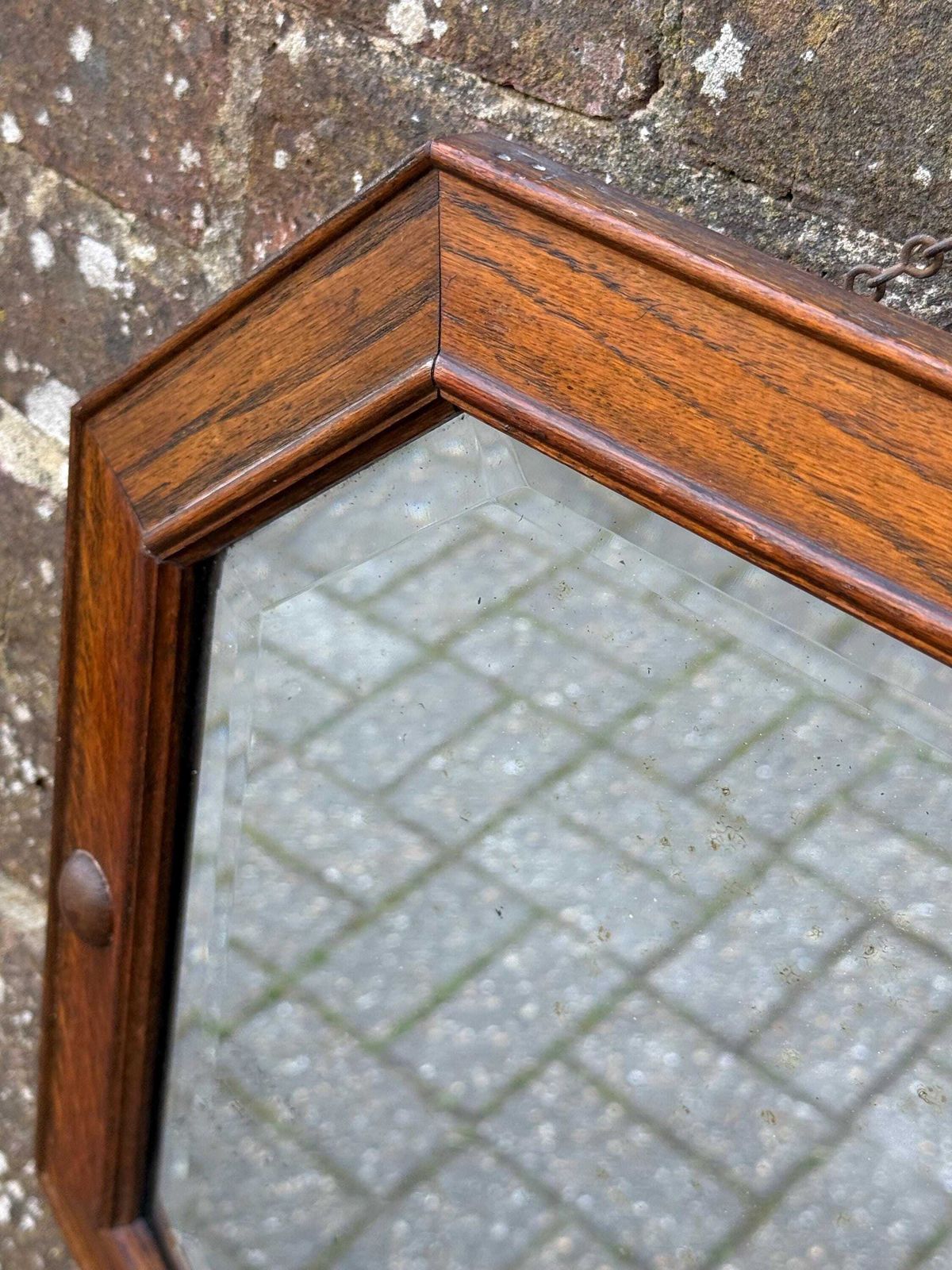 photo furniture Vintage Oak Wall Mirror – Bevelled Glass, Octagonal Frame With Metal Inlay Detail – Early 20th Century (1920s 30s)