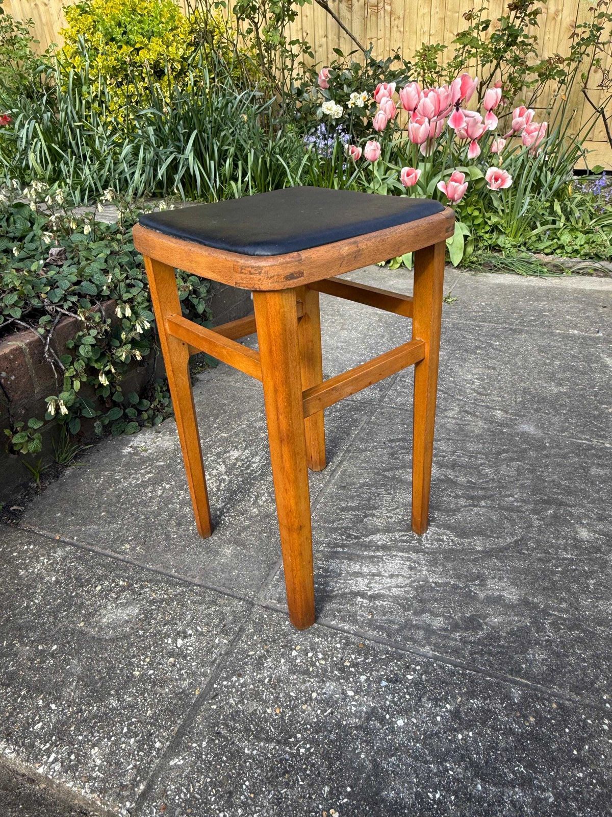 Mid Century Wooden Stool With Black Vinyl Seat – Retro Occasional Stool 1960s