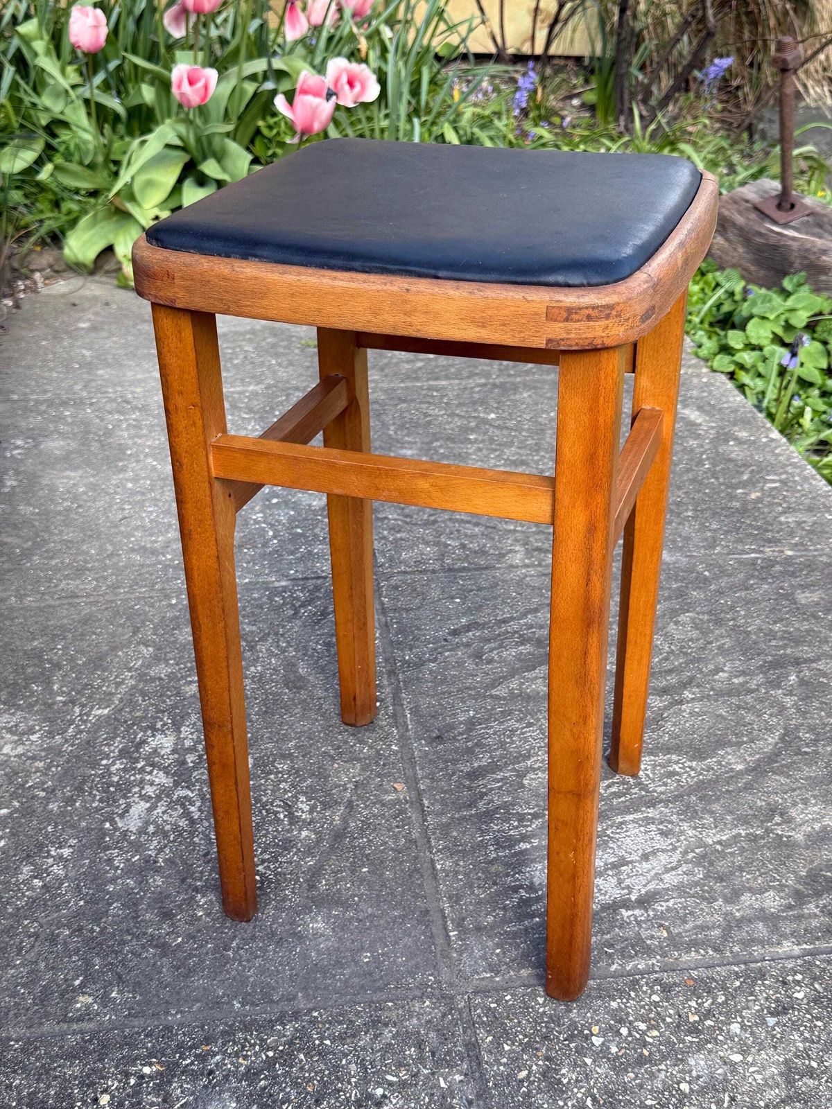 Mid Century Wooden Stool With Black Vinyl Seat – Retro Occasional Stool 1960s photo Furniture