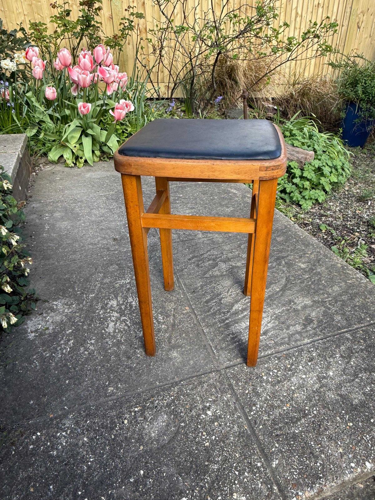 photo furniture Mid Century Wooden Stool With Black Vinyl Seat – Retro Occasional Stool 1960s