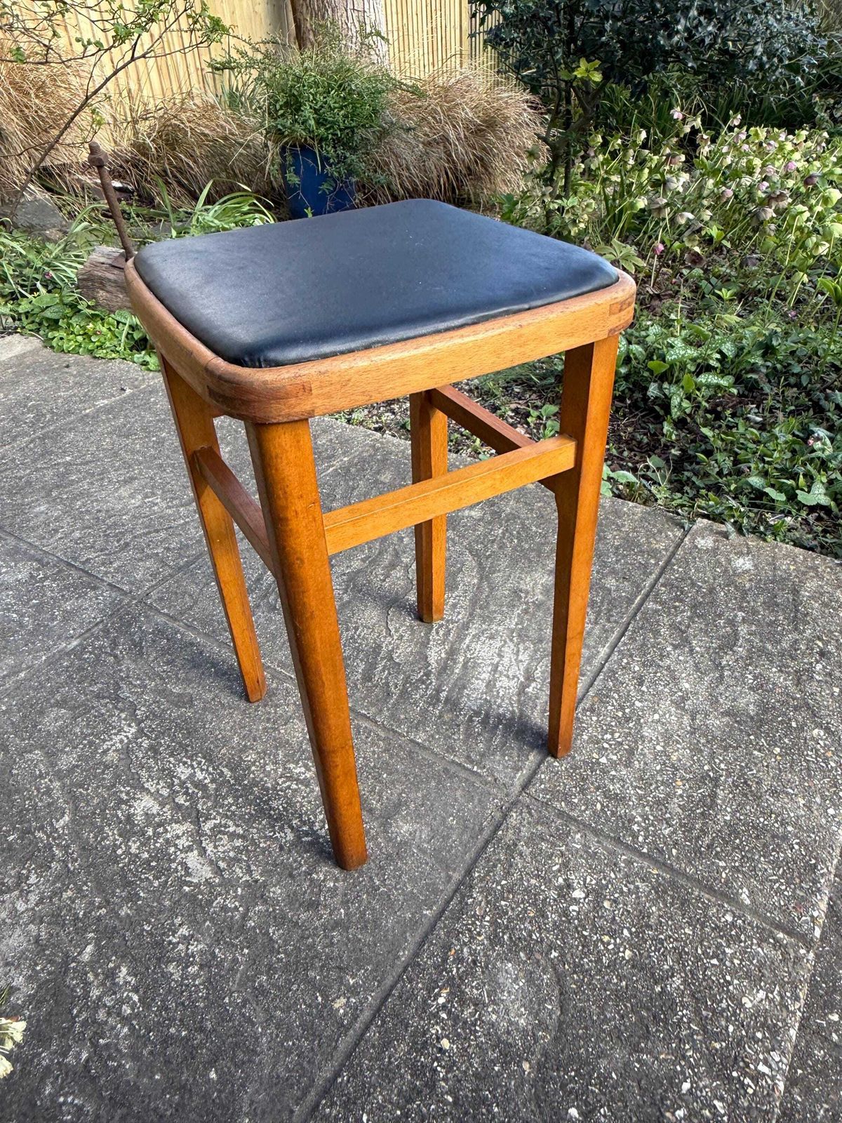 90.0 Mid Century Wooden Stool With Black Vinyl Seat – Retro Occasional Stool 1960s photo