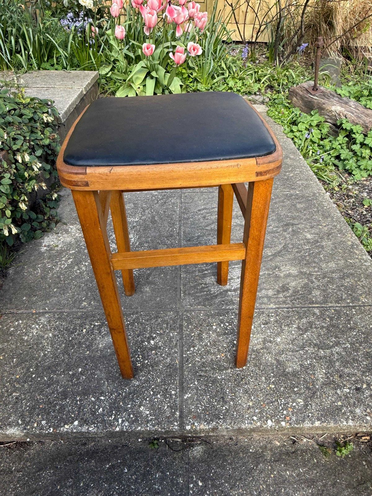 photo buy Mid Century Wooden Stool With Black Vinyl Seat – Retro Occasional Stool 1960s